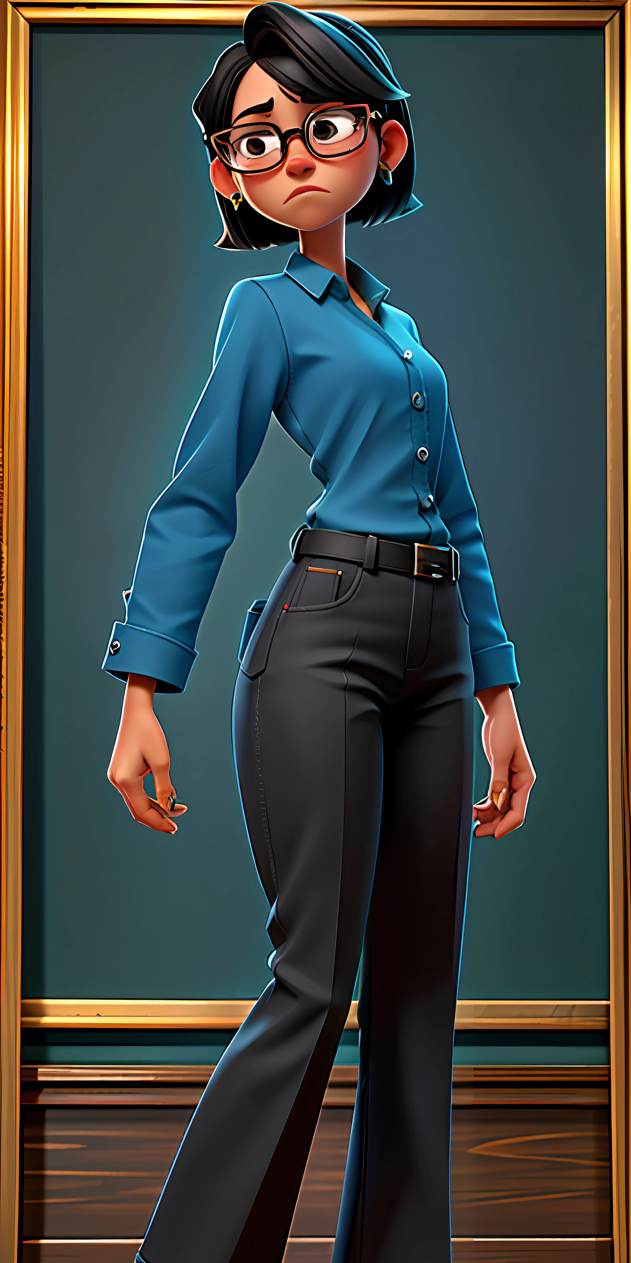 (best quality, masterpiece), 1girl, black short hair, blue suit, black pants, black shoes, glasses, young teacher