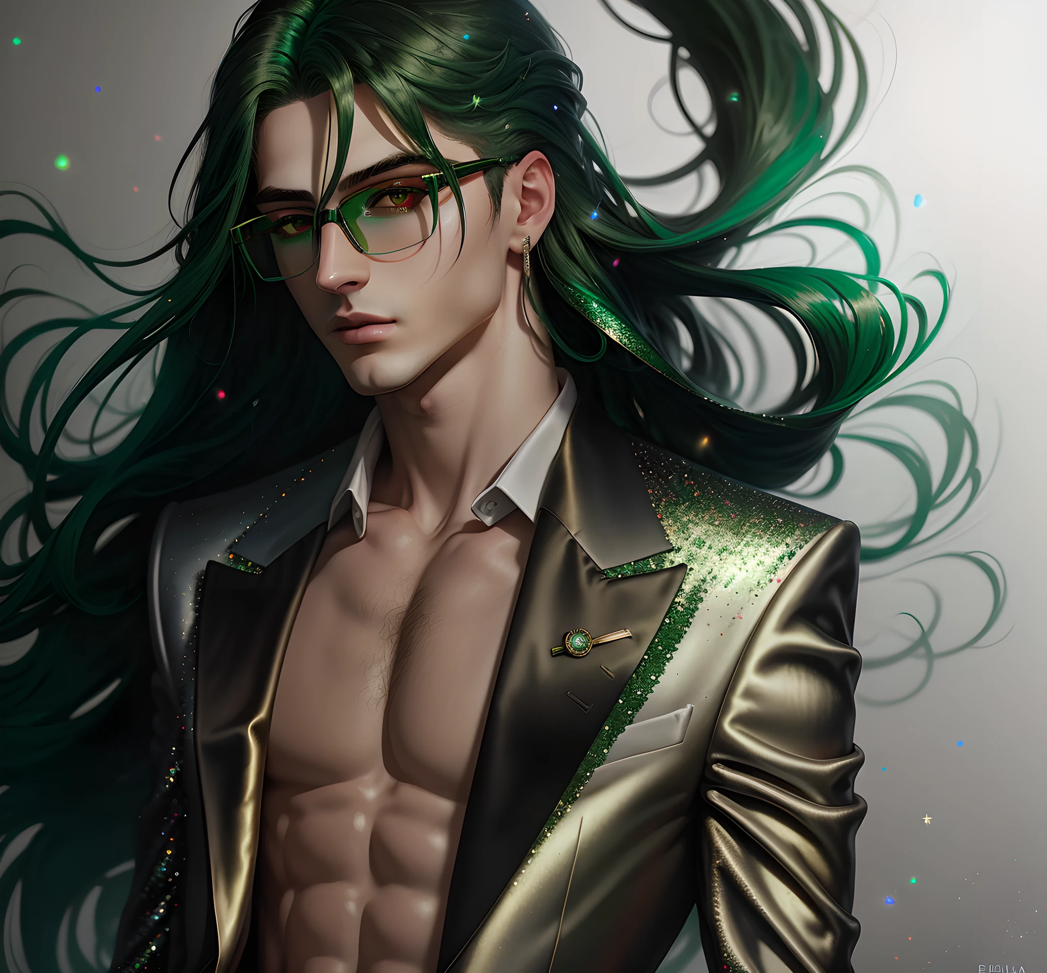 masterpiece, highest quality, (perfect full face:1.5), (high detail:1.1), long straight green hair, soft hair, glasses, (hyper detailed red eyes), solo ,1guy, long hair, luxury suit, photoshootset detailed background, 32k, covered navel, full lips, curvy guy, perfectly drawn face, cinematic lighting, white and green tetradic colors, balenciaga, glitter