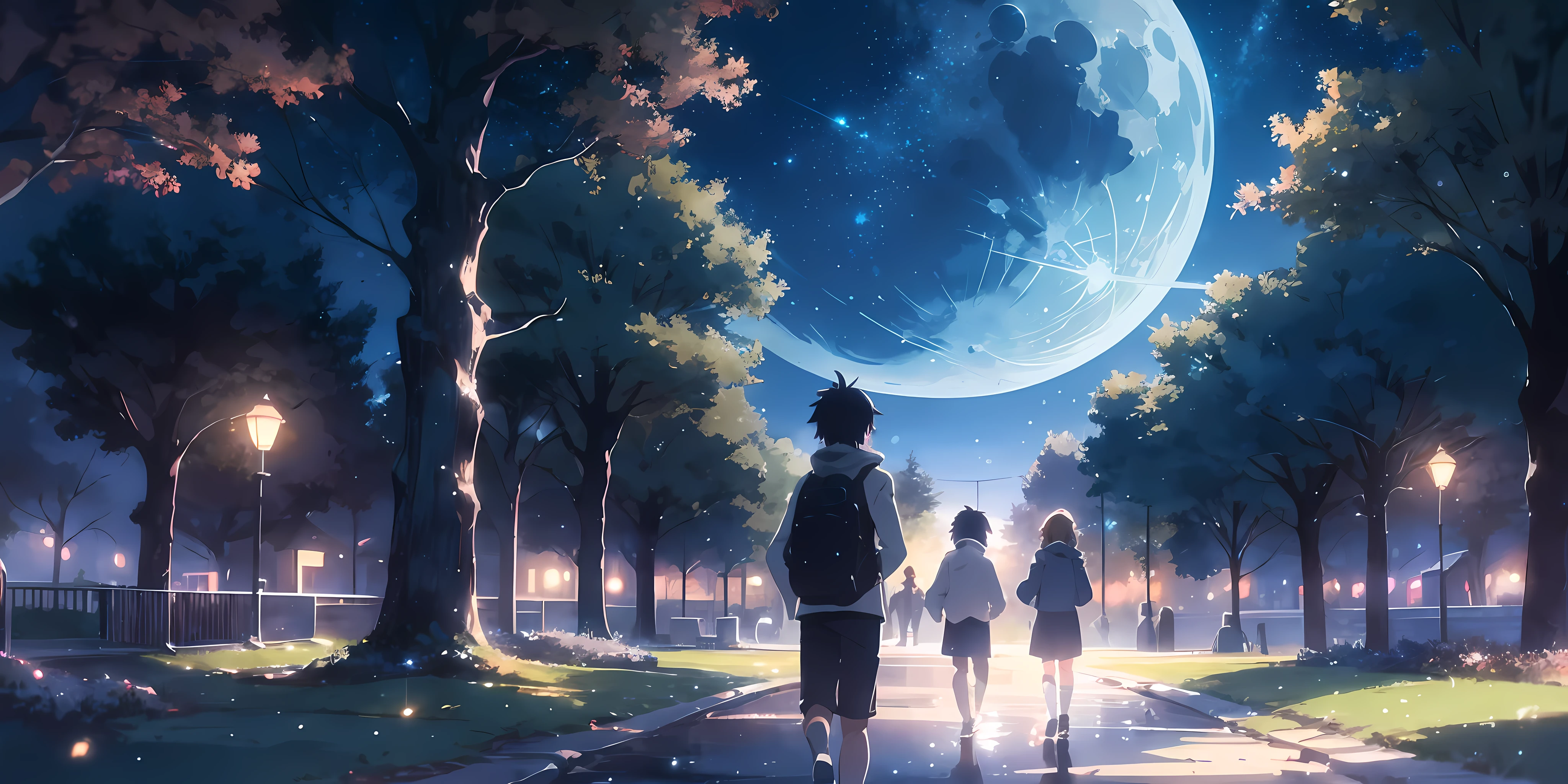 A boy walking in beautiful and cozy modern park, warm lights in the park, night time, concept art inspired by makoto shinkai, pixiv contest winner, best quality, beautiful anime scene, a bright moon, Anime scene, cinematic anime scene, Night, Fantastic anime, Atmospheric Anime, Starry Sky, Detail Enhanced.