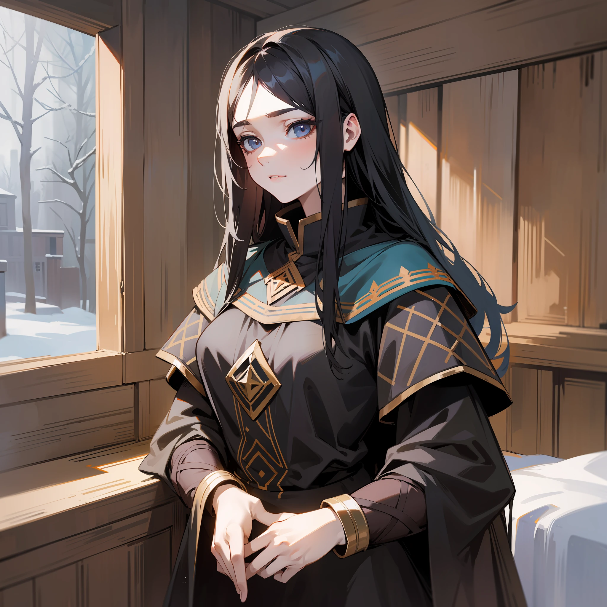 Katerina Ogimskaya from Pathologic 2, long black hair, medieval snow clothes, in a wooden cabin, seriou expression, minimal light, dark fantasy, muscle woman