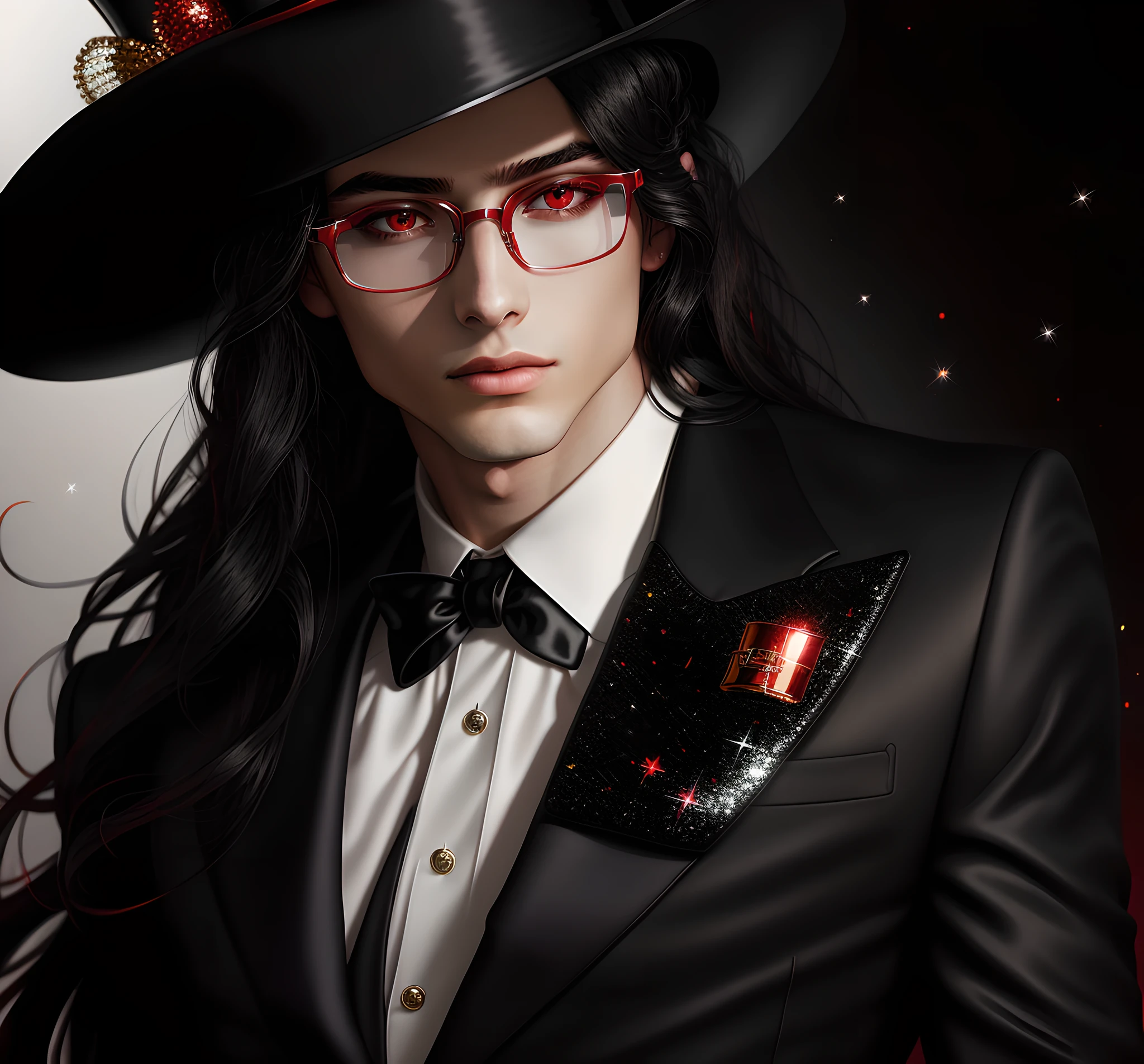 masterpiece, highest quality, (perfect full face:1.5), (high detail:1.1), long straight black hair, soft hair, rounded glasses, top hat, (hyper detailed red eyes), solo ,1guy, long hair, luxury suit, photoshootset detailed background, 32k, covered navel, full lips, curvy guy, perfectly drawn face, cinematic lighting, white and red tetradic colors, balenciaga, glitter