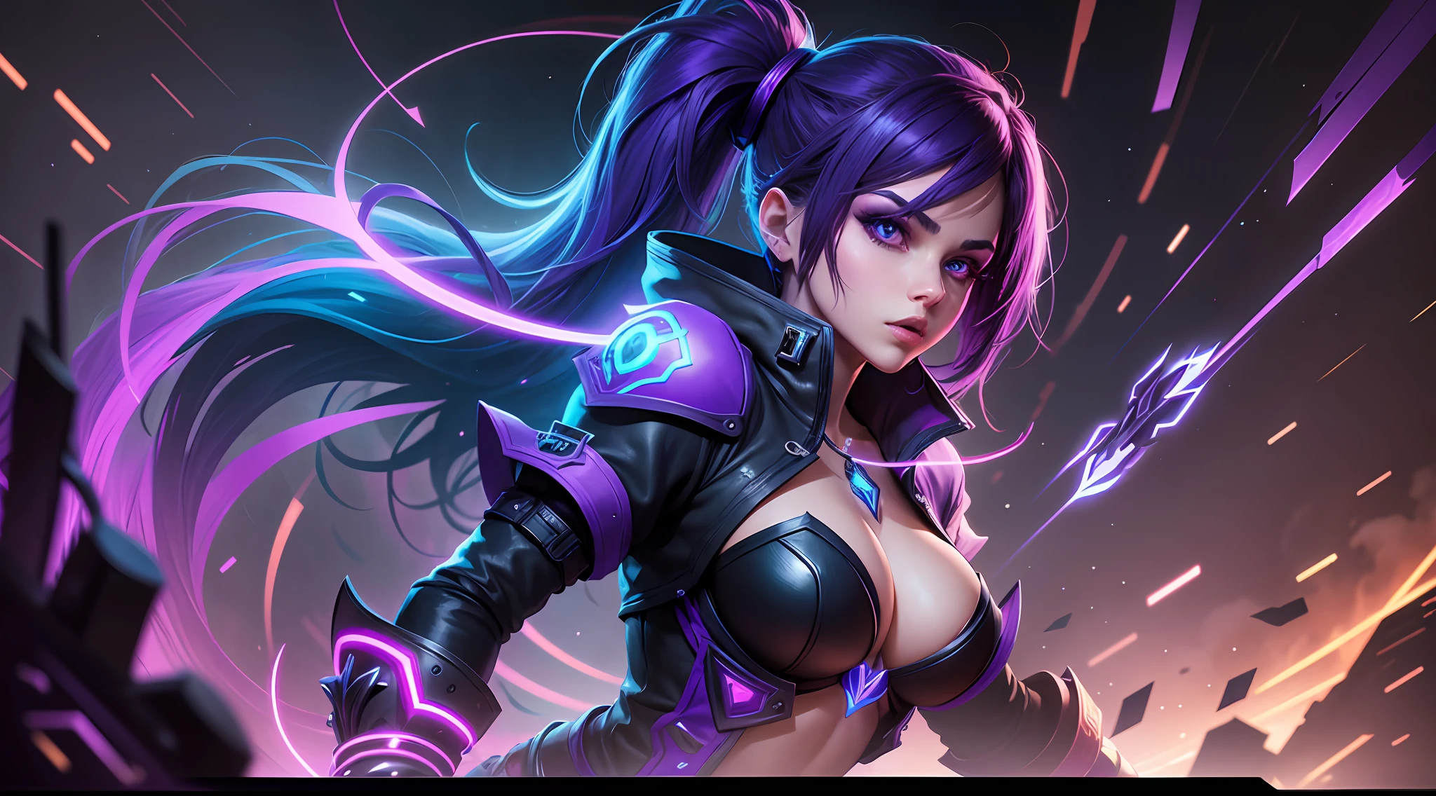 Create an image of a new character in the style of the game League of Legends with dark background and purple and blue neon effects --auto --s2