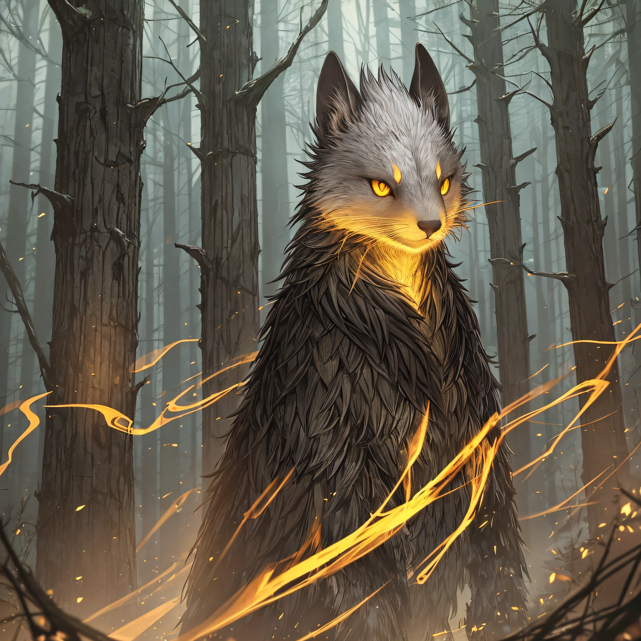 A weasel-headed monster, standing in the dark woods looking at the camera, yellow eyes, glowing eyes, dark yellow 1.5 all over, eerie, eerie atmosphere, night, darkness, high detail, in smoke, masterpiece, crazy detail, absurd, ultra-realistic, ((best quality)), ((masterpiece)), --auto --s2