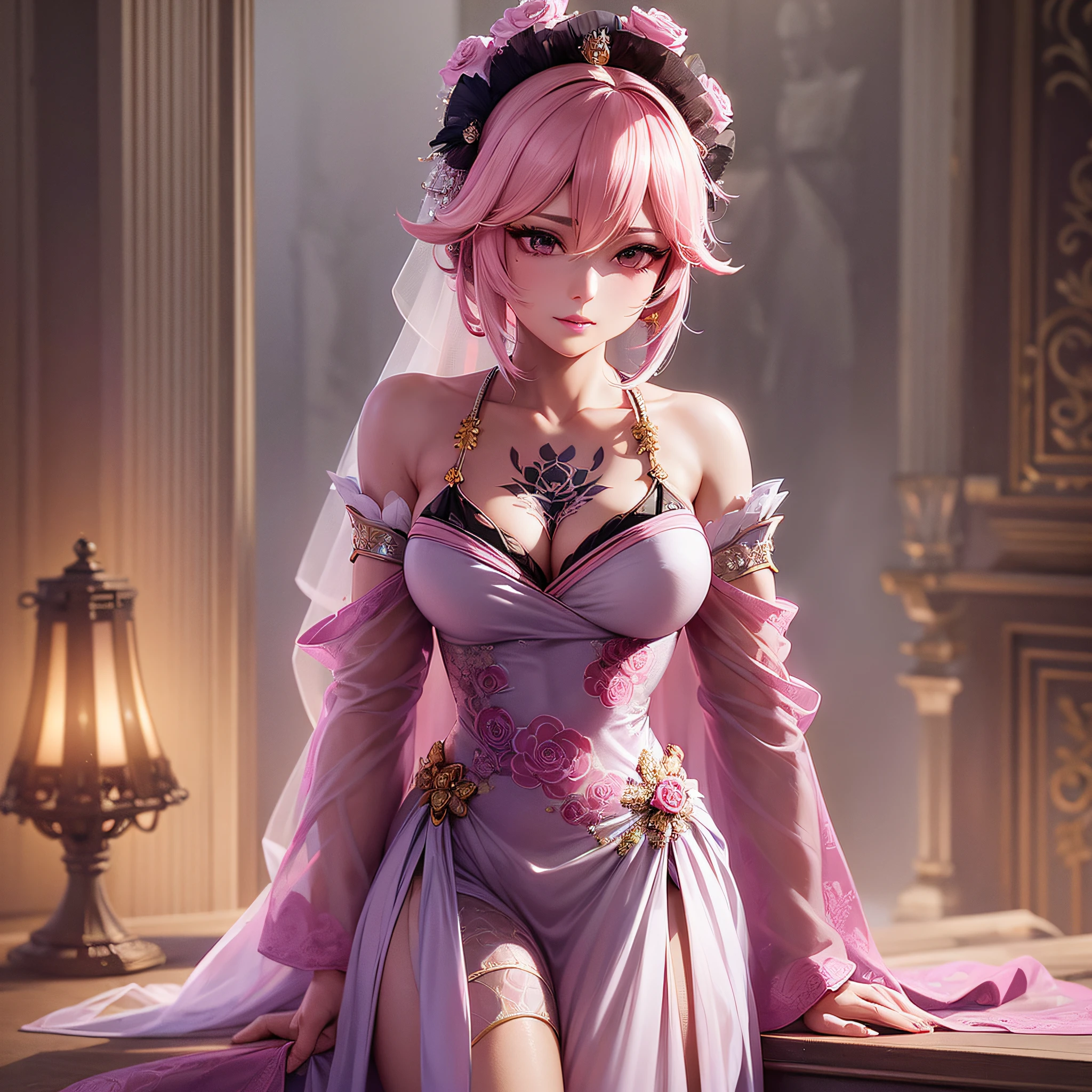 nighttime,full body,Genshin Impact:Yae Miko,(((Wearing French style, palace wedding dress, Fabric: Chiffon ))), in Pink Rose Castle, Masterpiece,best quality,extremely detailed 3DCG, Cinema-4D ,8k,Photorealistic, ( ##tattoo ##,tattoo, ~+ tattoo), (erfect female curves),(A seductive gaze), Facing the camera, Pink lips,Blacklight lighting,