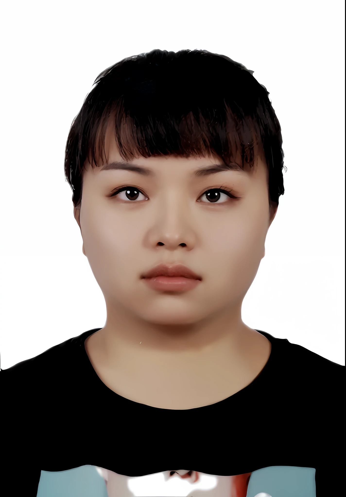 (8k, best quality, masterpiece: 1.2), (realistic, realistic: 1.37), super detailed, best quality, super high resolution, professional lighting, woman with a black shirt black shirt, round face Southeast Asian, 2 8 years old, passport photo, plain white background