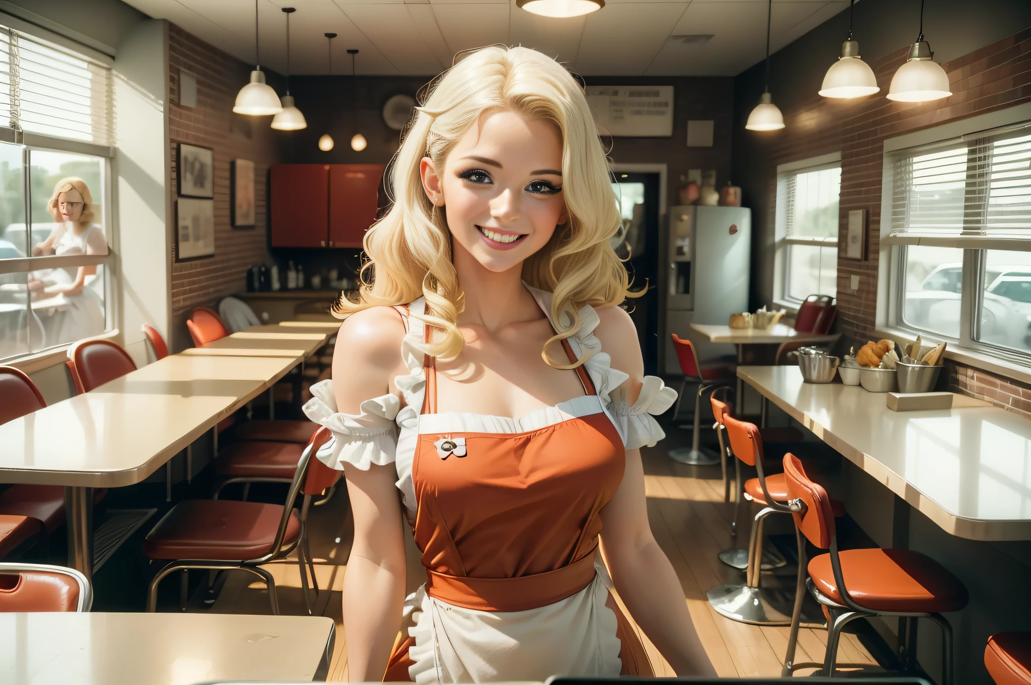 Generate an image of a young woman in a 70's style with a vintage American comic book look. The woman is blonde, shoulder length hair, curled outward, and is a waitress at a diner. She is wearing a (((red dress))) and (((white apron))), She has a smiling expression on her face and the background is a diner with retro furniture.