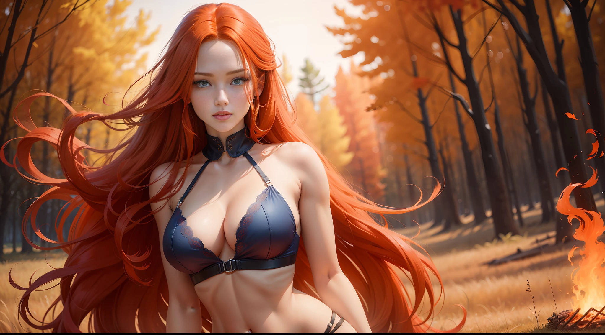 a woman with red hair and a blue bra top posing in a field, long red-haired waist, Goddess of red hair, long fire hair, beautiful long fire hair, orange skin and long burning hair, with long red hair, long shiny red hair, long red hair, long red hair, red long hair, red girl, red head, she has long hair and redorange,  Beautiful redhead woman