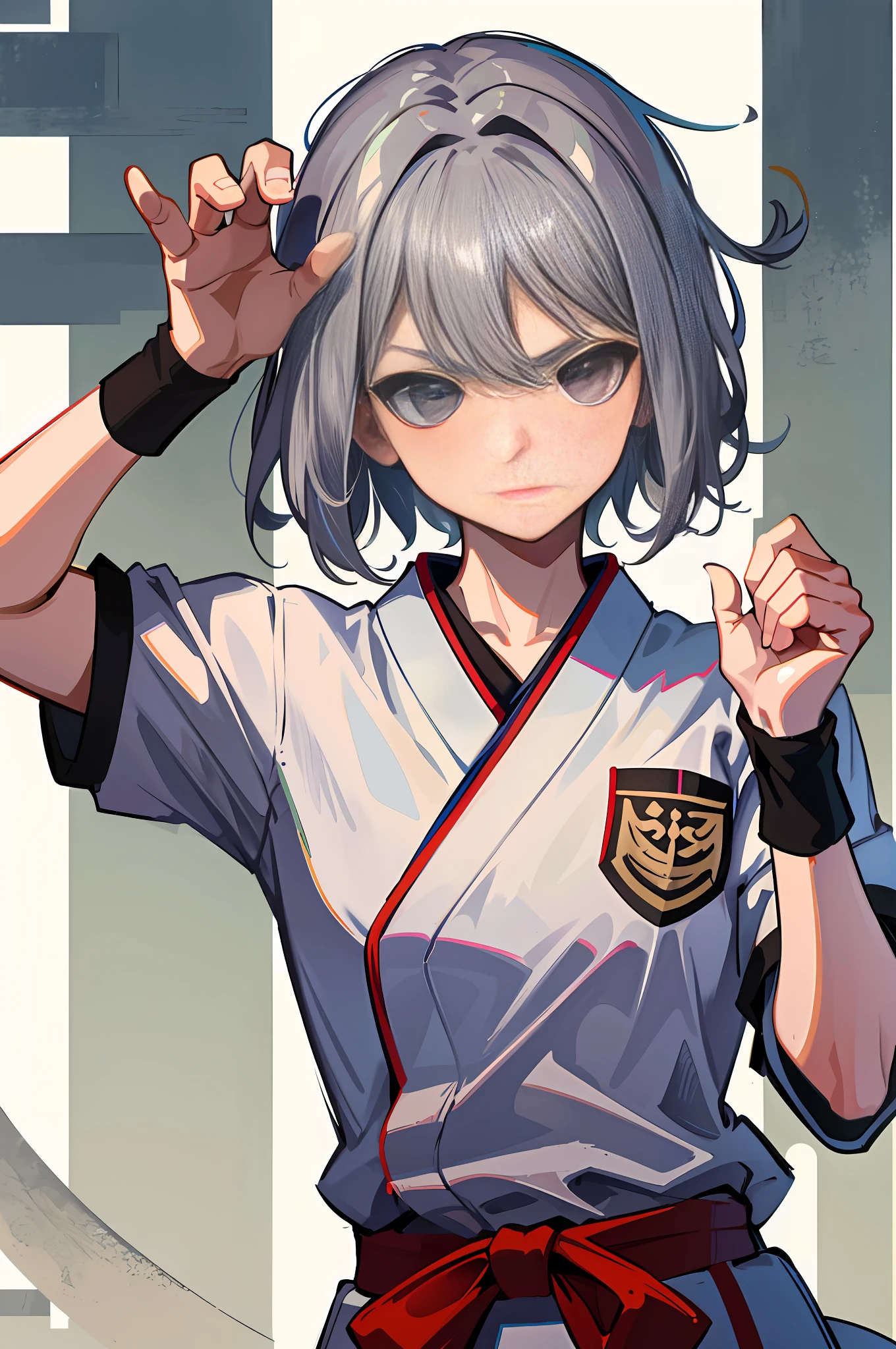 (High Quality: 1.5), Japan people, 1 woman, Martial artist, Gray hair, Short hair, Hair tied in one, Cool, Serious eyes, Karate stance, (Small), High school girl, No letters, Tiger in the background, Clothes are wearing dogi arms