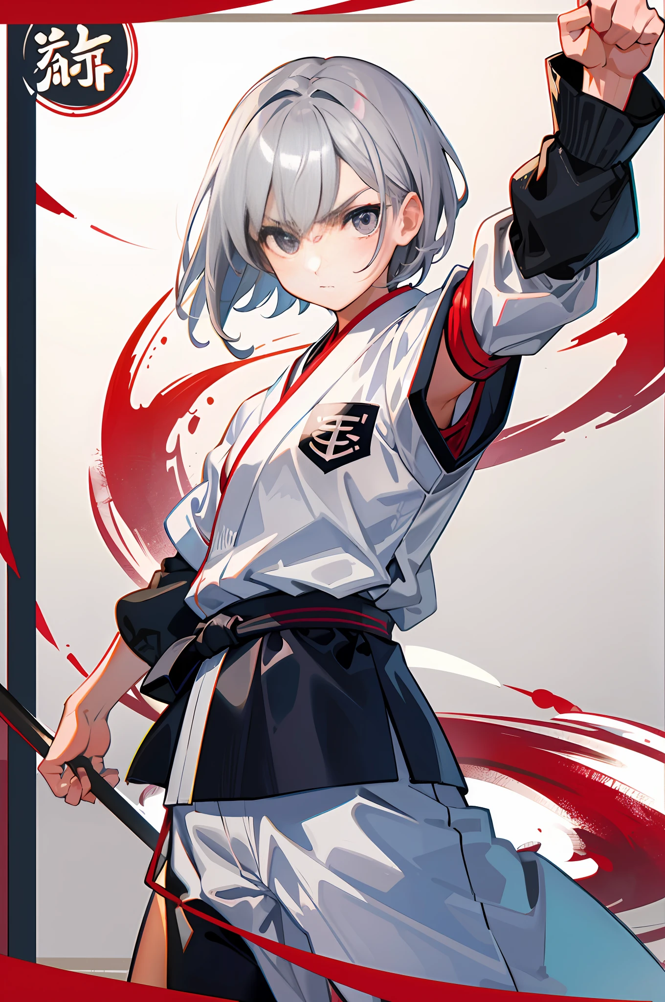 (High Quality: 1.5), Japan people, 1 woman, Martial artist, Gray hair, Short hair, Hair tied in one, Cool, Serious eyes, Karate stance, (Small), High school girl, No letters, Tiger in the background, Clothes are wearing dogi arms