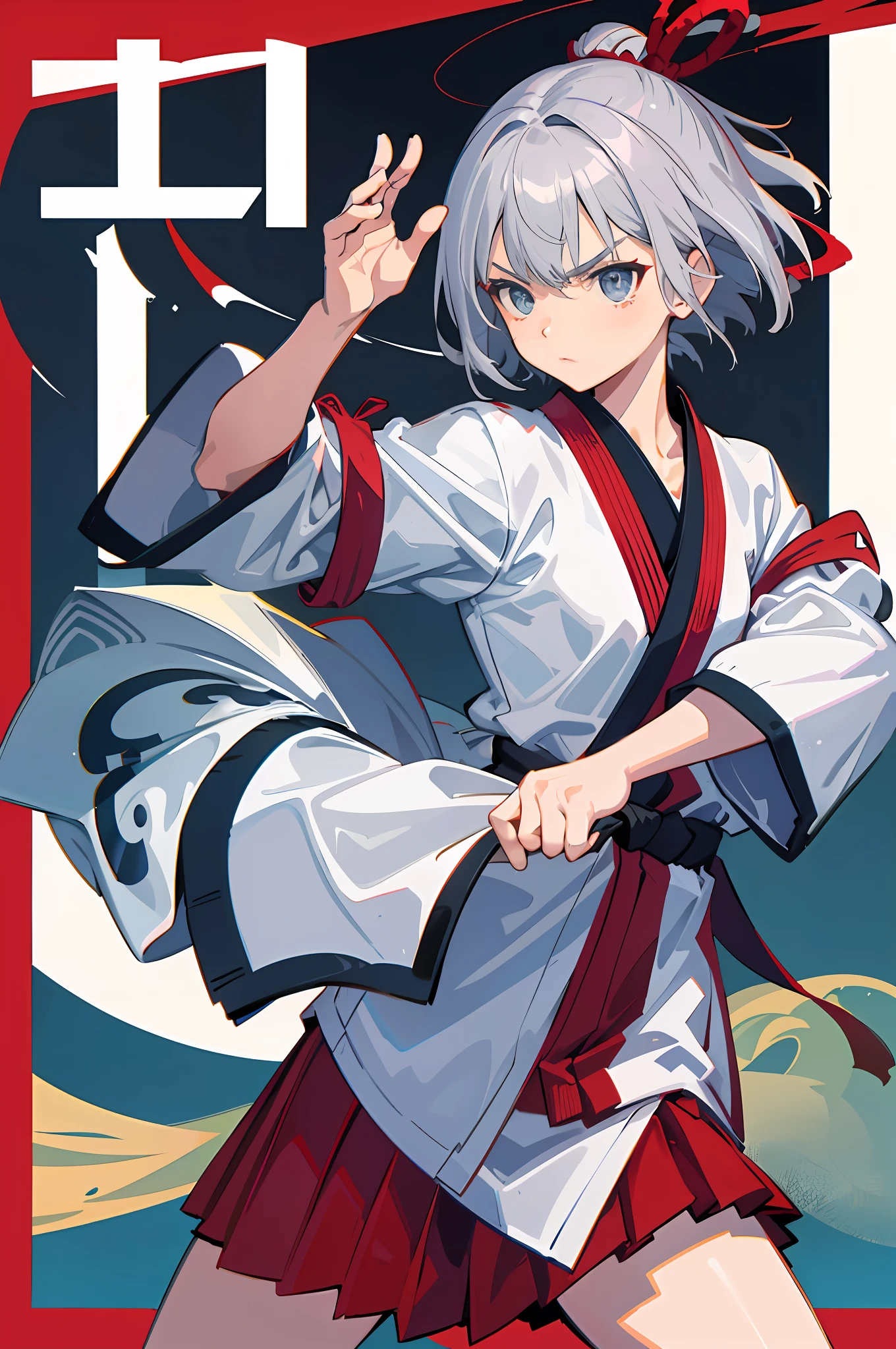 (High Quality: 1.5), Japan people, 1 woman, Martial artist, Gray hair, Short hair, Hair tied in one, Cool, Serious eyes, Karate stance, (Small), High school girl, No letters, Tiger in the background, Clothes are wearing dogi arms