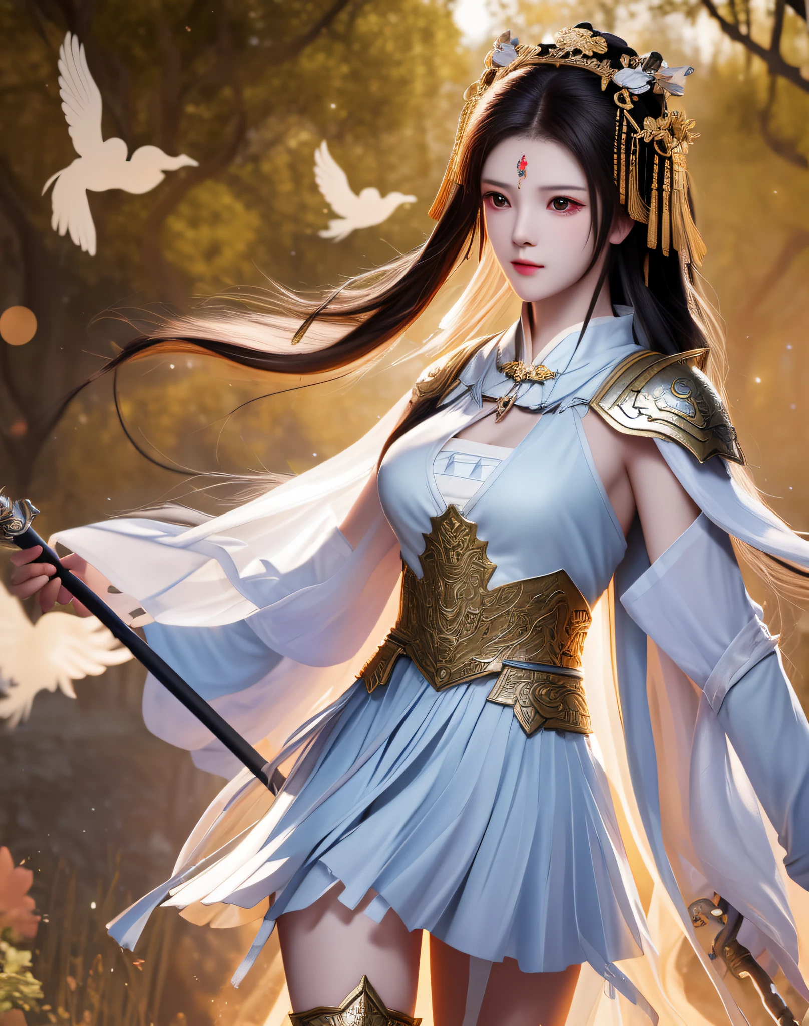 best quality, masterpiece, high resolution, 1girl, ancient chinese battlefield background, metal armor, cape, metal collar, ancient spear, hair ornament, necklace, jewelry, beautiful face, upon_body, tyndall effect, realistic, dark studio, edge lighting, duotone lighting, (high detail skin:1.2), 8k ultra hd, dslr camera, soft lighting, high quality, volumetric lighting, frank, photos, high resolution, 4k, 8k, bokeh, white bikini armor, Ancient metal spear, chest embroidered phoenix, metal cuirass, tight, weapons, short bracers, stockings, weapons
