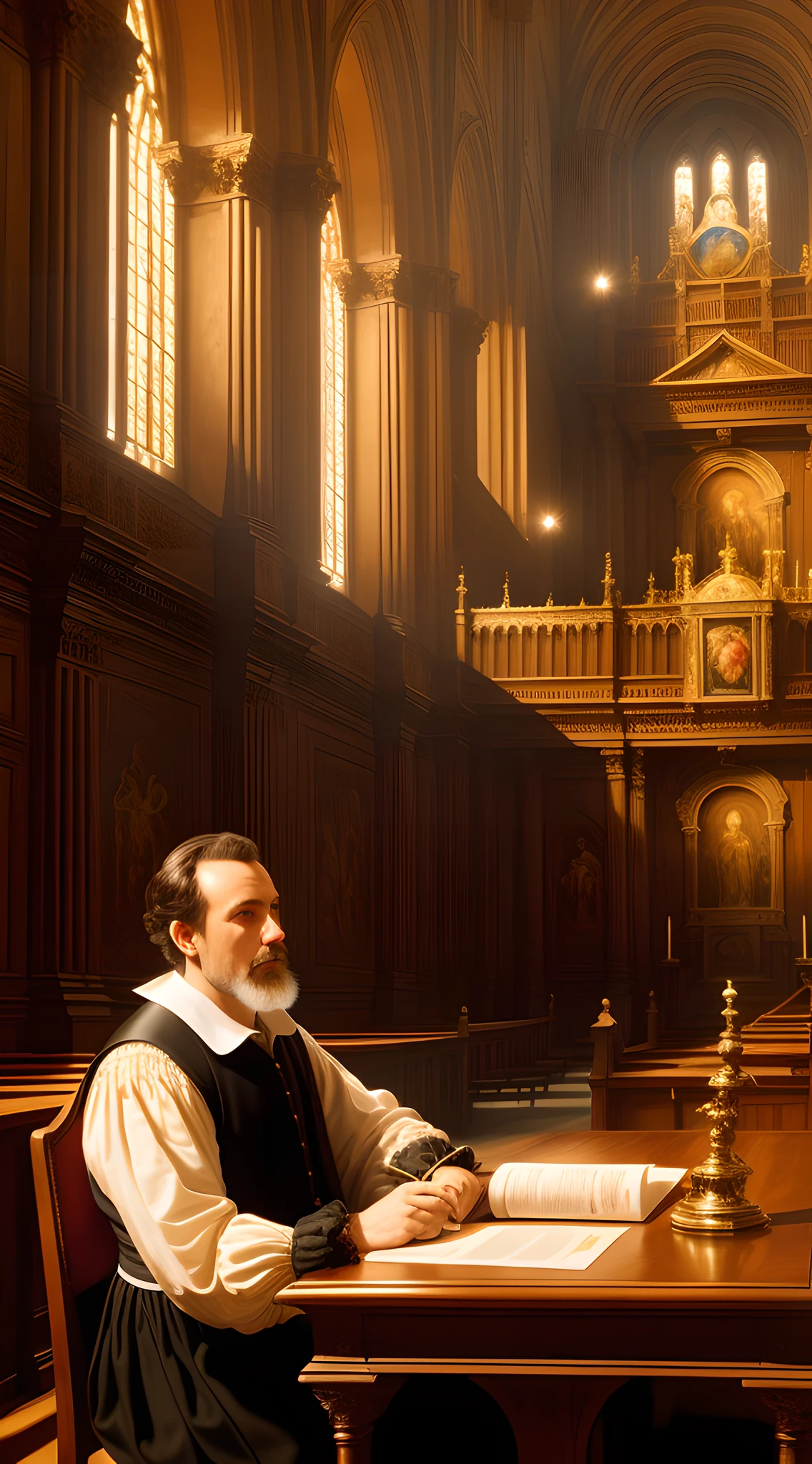 (masterpiece, 8K, UHD, photo-realistic by Greg Rutkowski:1.3), Galileo Galilei, defiant yet respectful, (16th-century attire:1.2), ink-stained fingers, clutching his scientific writings, 16th-century courtroom, high arched ceilings, ornate wooden furniture, (surrounded by stern church officials:1.4), vivid tapestries, harsh lighting, stern faces, subtle shadows, warm colors, tense atmosphere, looking at viewer, mid-action.
