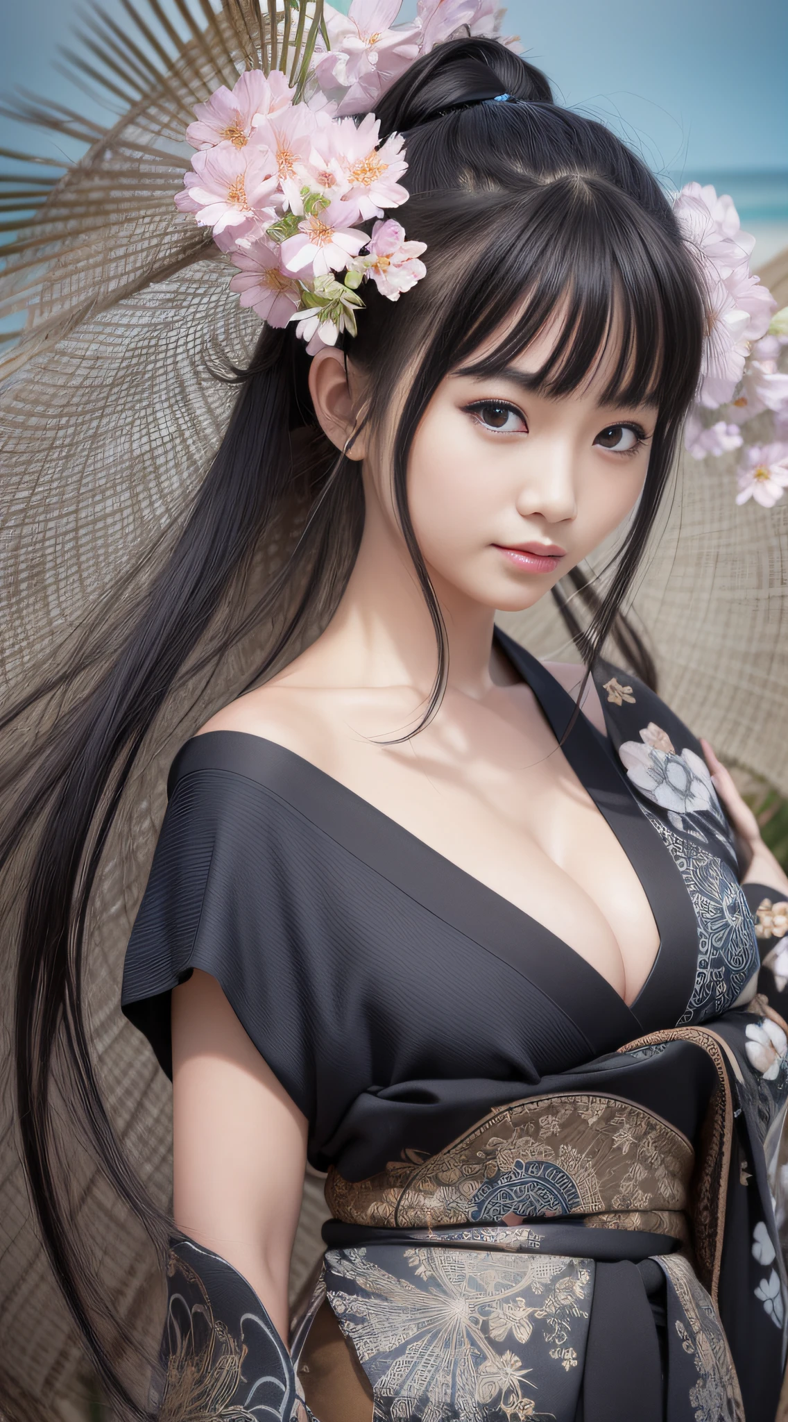 (RAW photo best quality) (realistic photo-realistic: 1.3) best quality masterpiece extremely delicate and beautiful extremely detailed CG unity 32k wallpaper amazing finely detailed masterpiece wearing kimono happy smile best quality CG unity 32k wallpaper huge filesize ultra-detailed highres extremely detailed 1girl chinese girl slim body slender abs huge breasts big boobs looking into camera (beautiful kimono :1) (bob hair) (black hair) sharp focus hyperrealism on beach