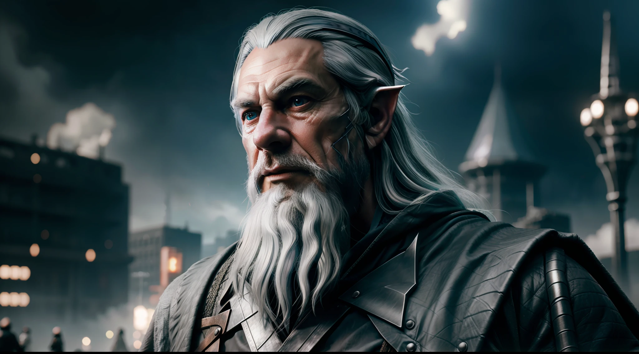 gandalf the Grey, with cybernetic enhancements, Lord of the Rings, J.R.R. Tolkien, cyberpunk city background, vibrant, photorealistic, realistic, hyper-realism, insanely detailed, dramatic, dark, sharp focus, 8k