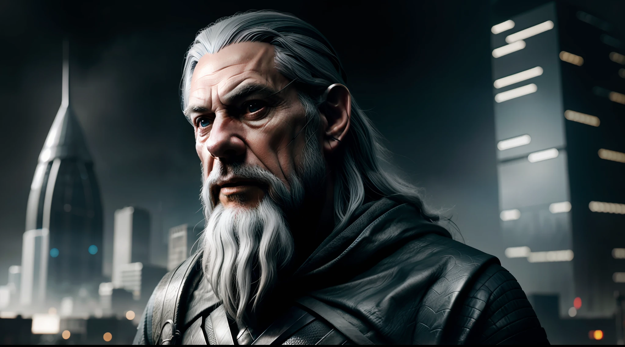 gandalf the Grey, with cybernetic enhancements, Lord of the Rings, J.R.R. Tolkien, cyberpunk city background, vibrant, photorealistic, realistic, hyper-realism, insanely detailed, dramatic, dark, sharp focus, 8k