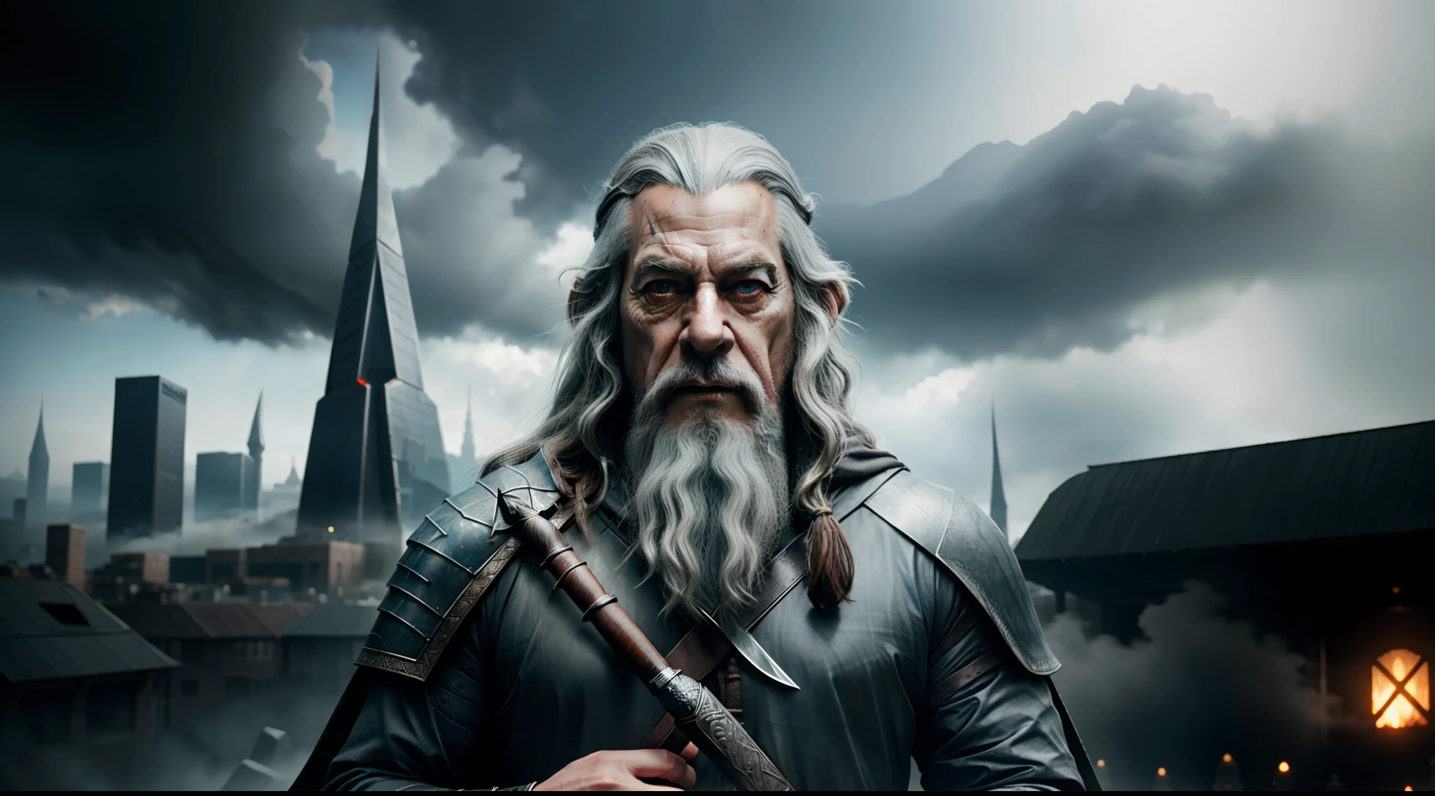 gandalf the Grey, with cybernetic enhancements, Lord of the Rings, J.R.R. Tolkien, cyberpunk city background, vibrant, photorealistic, realistic, hyper-realism, insanely detailed, dramatic, dark, sharp focus, 8k