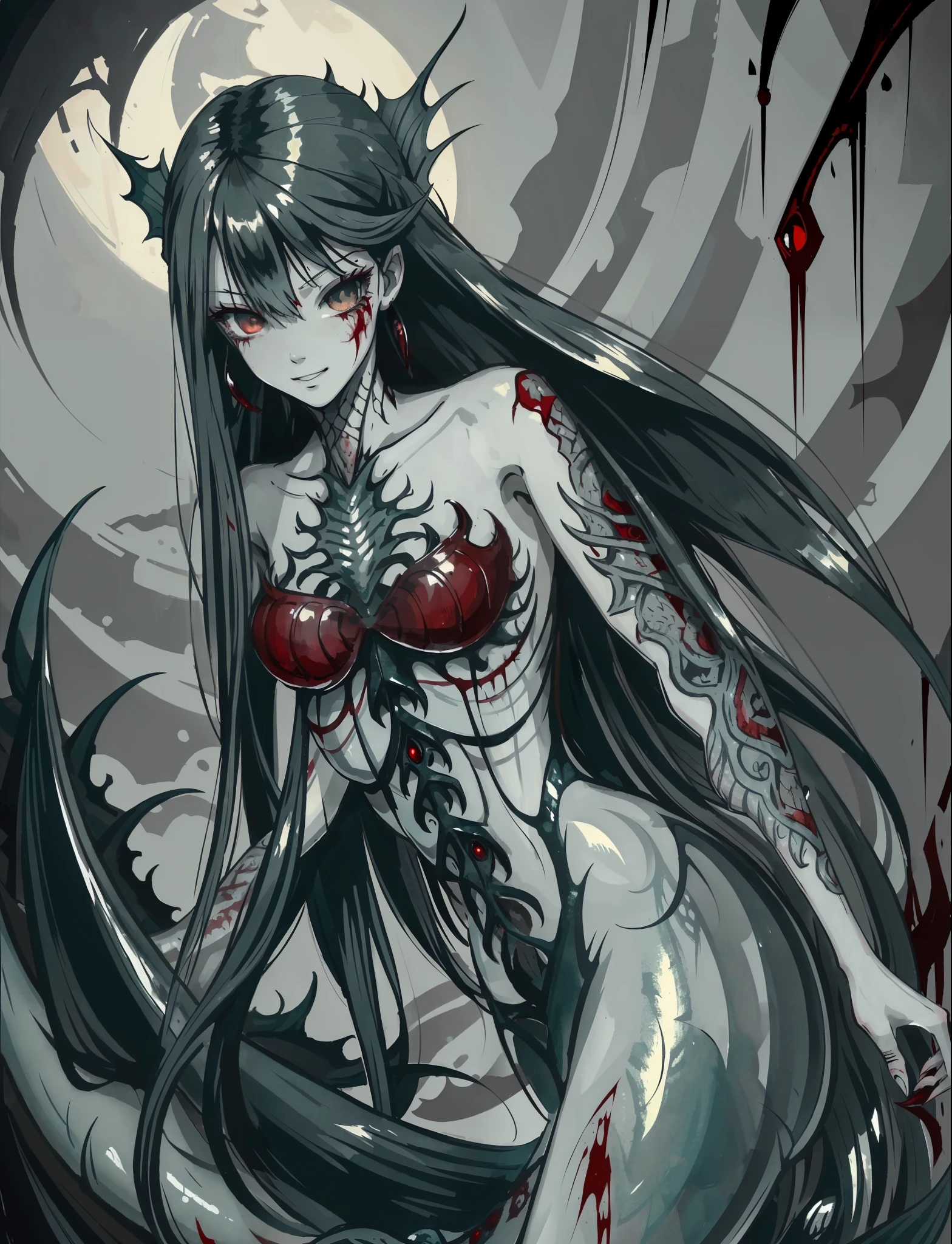 (masterpiece, best quality:1.2),bloody, beautiful face,(Gray\green skin),mermaid, horror art, blood, highly detailed, {best quality}, {{depth of field}}, illustration, solo, sharp focus, {{character {1 girl }},black straight hair,(hair is straight and loose), beautiful detailed eyes, sharp teeth, {looking at viewer},{masterpiece illustration},full body, normal angle,horror art, creepy, beautiful form of chaos, elegant, dull colors, romanticism,an evil mermaid siren, maniacal smile, atmospheric, death, decay,