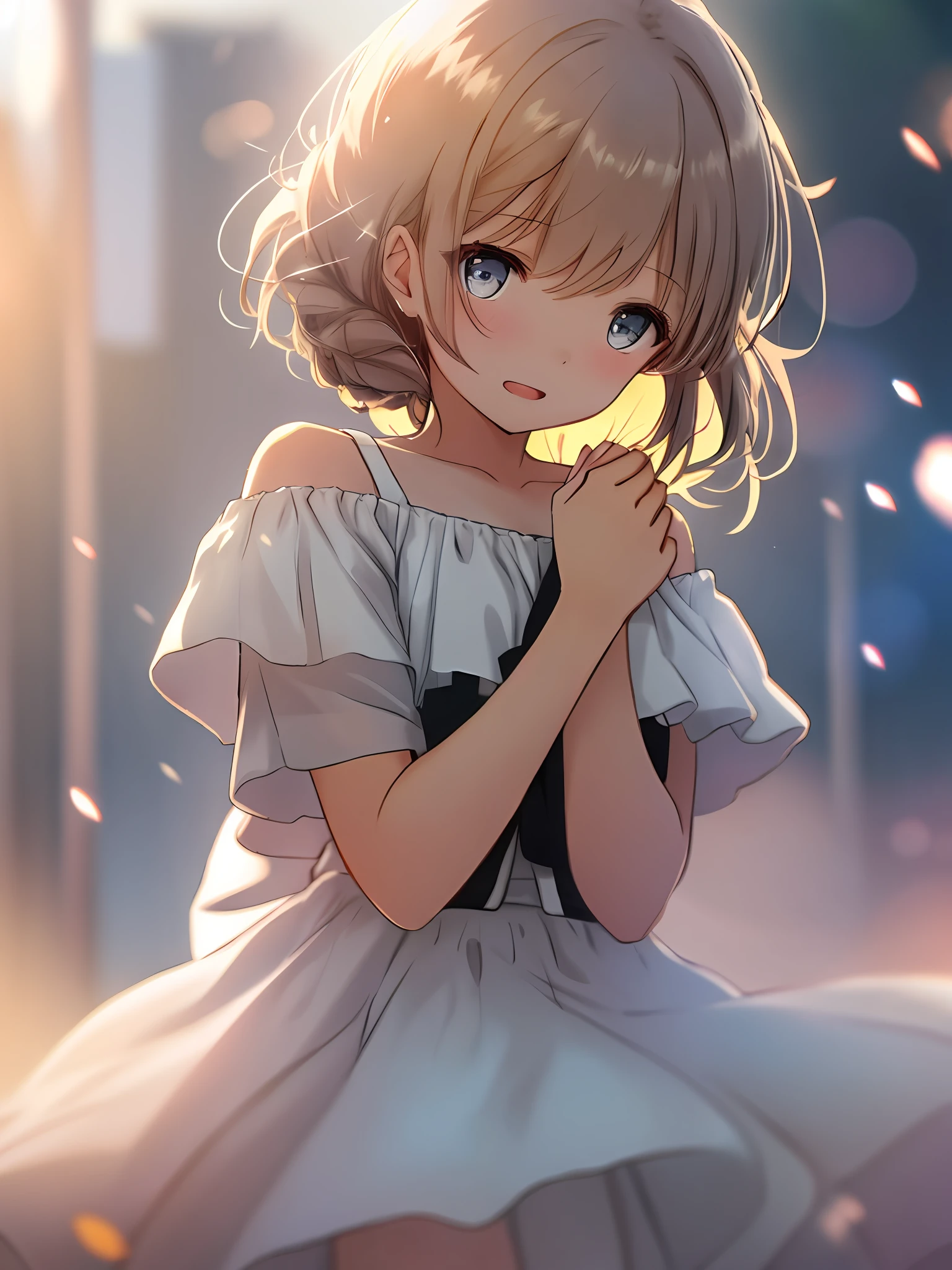 A girl, off-the-shoulder short sleeves white skirt, upper body, (eyes wide open: 1.2), bright light, background bokeh, depth of field, blurred background, light particles, strong wind, (heart particles: 1.1)