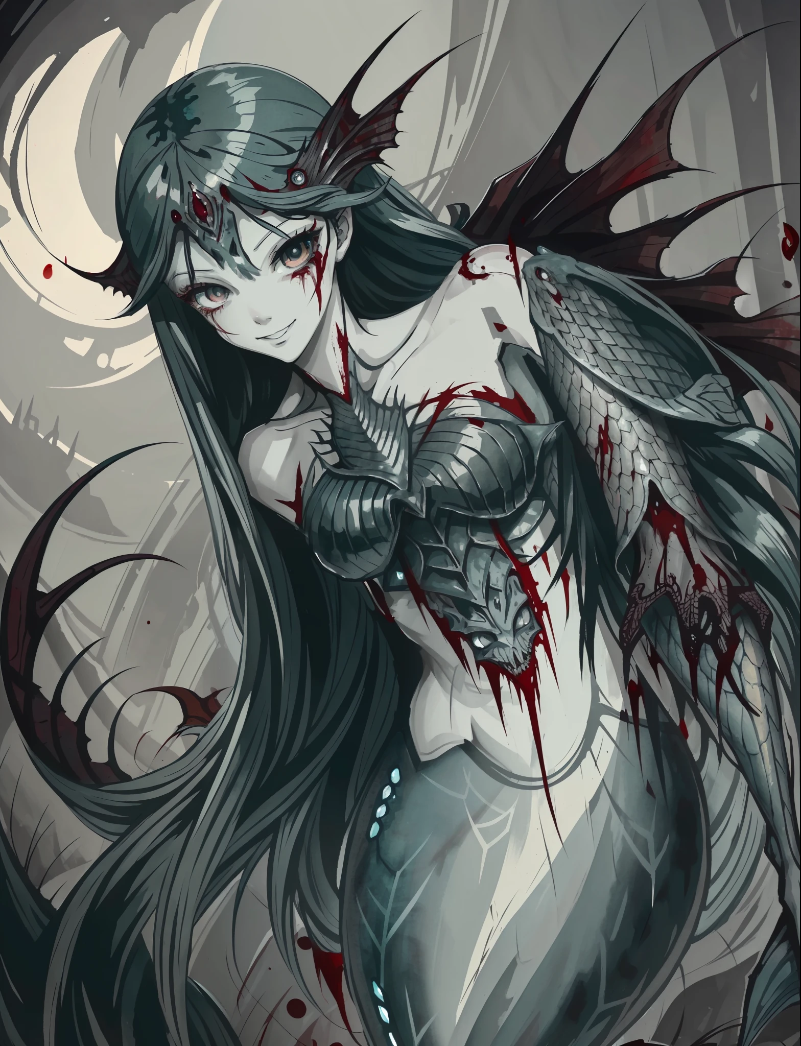 (masterpiece, best quality:1.2),bloody, beautiful face,(Gray\green skin),mermaid, horror art, blood, highly detailed, {best quality}, {{depth of field}}, illustration, solo, sharp focus, {{character {1 girl }},black straight hair,(hair is straight and loose), beautiful detailed eyes, sharp teeth, {looking at viewer},{masterpiece illustration},full body, normal angle,horror art, creepy, beautiful form of chaos, elegant, dull colors, romanticism,an evil mermaid siren, maniacal smile, atmospheric, death, decay,