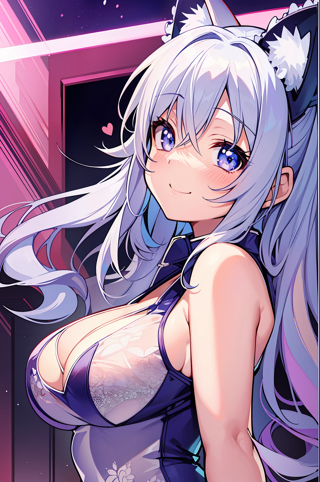 (Masterpiece), (Top Quality Anime Illustration), (Super Definition), One Girl, Solo, Beautiful Girl with Silver Hair, Anime Loli, Cat Ear Loli, Light Blue Miniskirt Cheongsam, See-through, Sleeveless, Smile, Cleavage Emphasis, Side Breasts with Bare Skin Visible, Open Stance, Thighs, Butt Protruding, Ass Focus