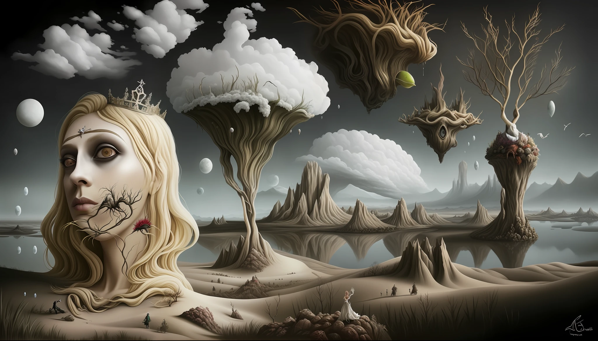 there is a surreal painting of a woman with a crown on her head, in a surreal dream landscape, a surreal dream landscape, surreal dreamscape, 4 k surrealism, surreal landscape, surrealism background, surreal art, surreal dream landscape, surreal scene, neosurrealism. digital art, surreal digital art, surrealistic digital artwork, surrealist landscape, magically shaped surrealism