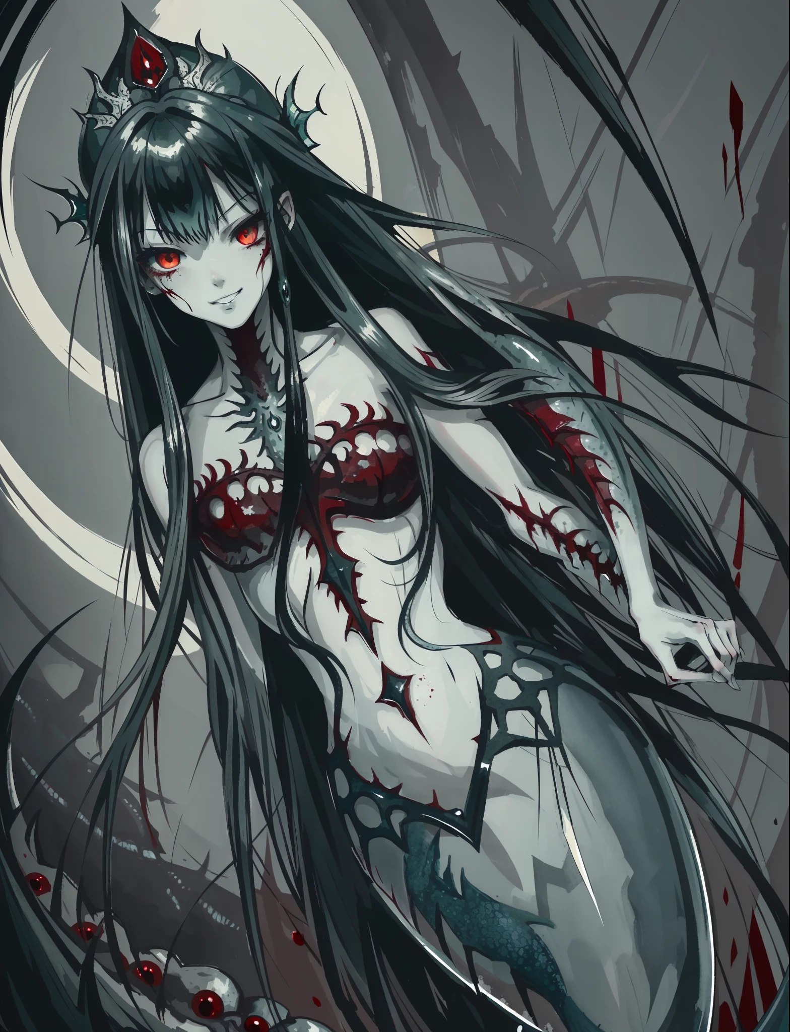 (masterpiece, best quality:1.2),bloody, beautiful face,(Gray\green skin),mermaid, horror art, blood, highly detailed, {best quality}, {{depth of field}}, illustration, solo, sharp focus, {{character {1 girl }},black straight hair,(hair is straight and loose), beautiful detailed eyes, sharp teeth, {looking at viewer},{masterpiece illustration},full body, normal angle,horror art, creepy, beautiful form of chaos, elegant, dull colors, romanticism,an evil mermaid siren, maniacal smile, atmospheric, death, decay,