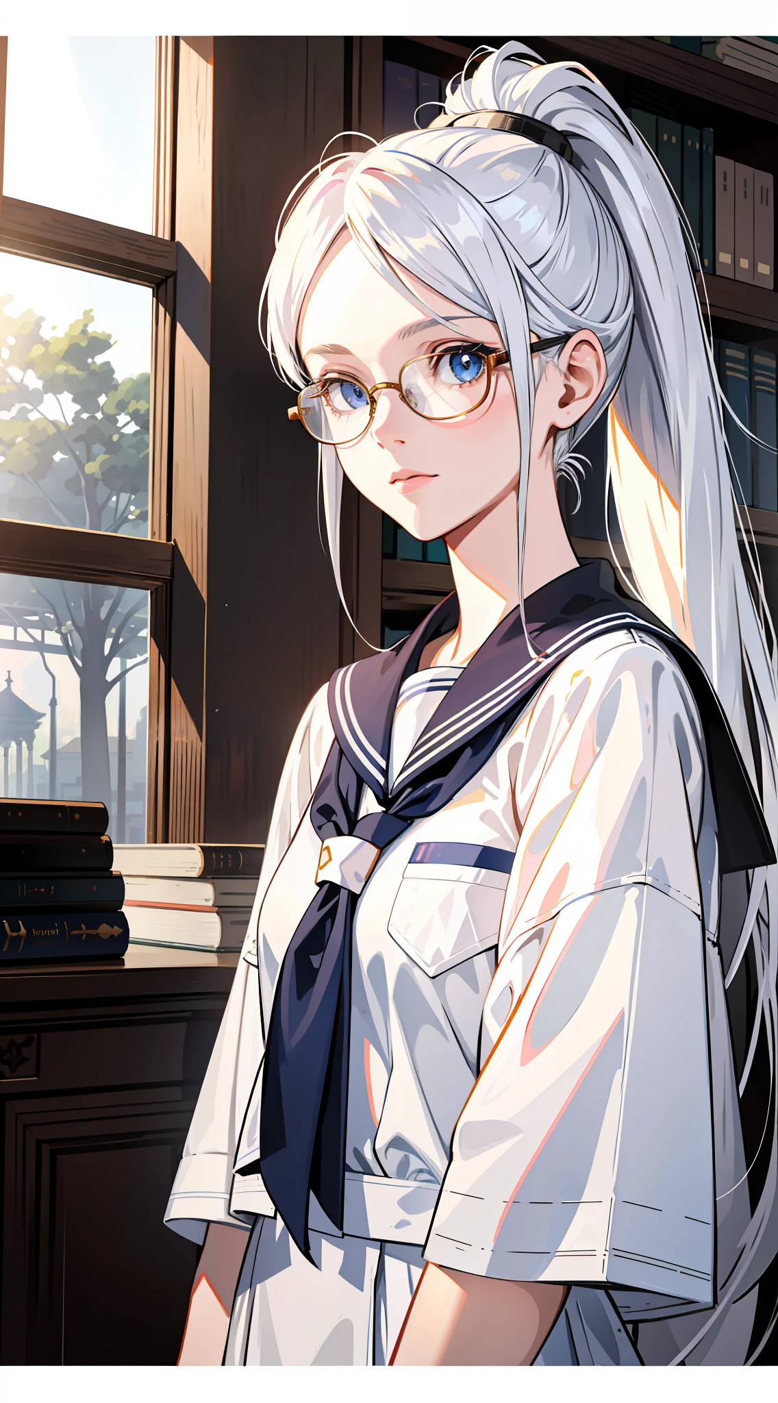 Anime reference 86, school, atmosphere, alone, woman, girl, blue eyes, white long hair, (glasses), general uniform, white sailor suit, realistic facial details, realism, 3D face, pretty face, (library), sunset light, high ponytail