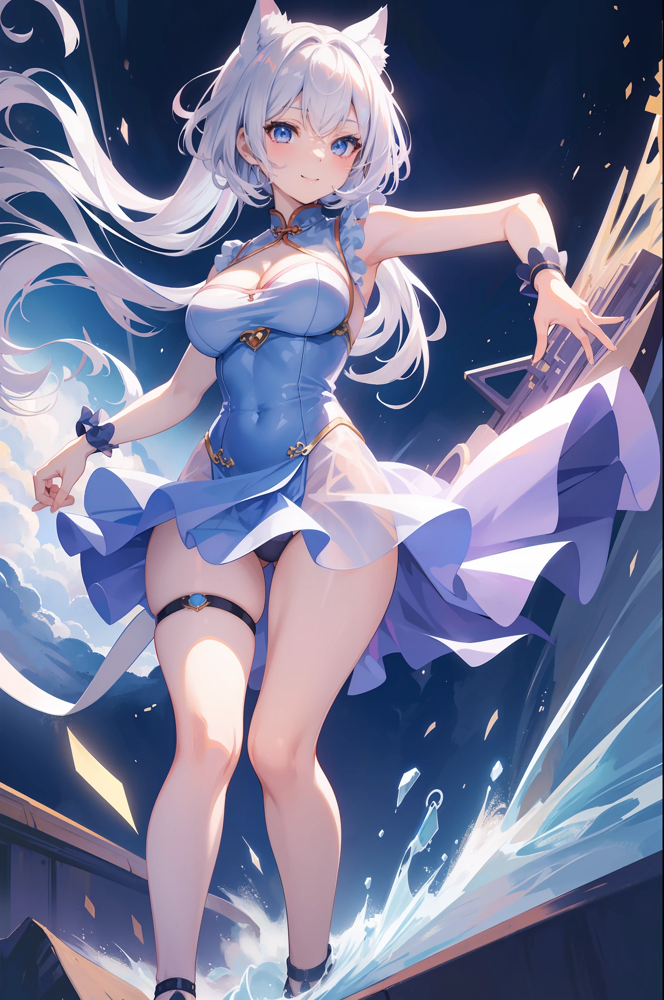 (Masterpiece), (Top Quality Anime Illustration), (Super Definition), One Girl, Solo, Beautiful Girl with Silver Hair, Anime , Cat Ear Lolight Blue Miniskirt Cheongsam, See-through, Sleeveless, Smile, Cleavage Emphasis, Side Breasts with Bare Skin Visible, Open Stance, Thighs, Butt Protruding, Ass Focus