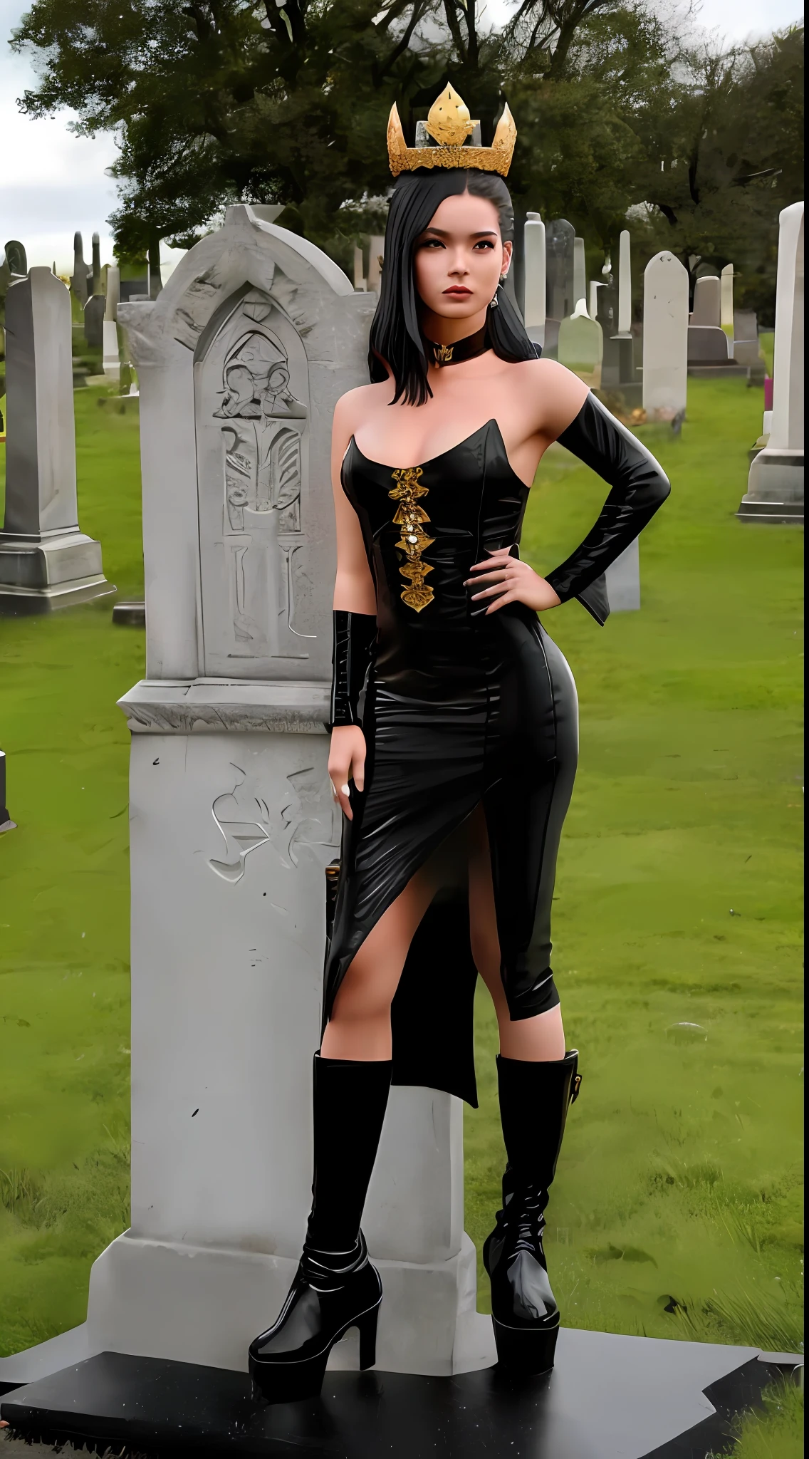 female figurine, with a queen's crown, long black dress, in the cemetery, solo, (1girl:1.3), (female model:1.3), woman, female, dynamic pose, flawless, RAW, medium close-up up, shoulders up, flat background, model photography, on display, high detail, insane detail, (standing at base:1.3), (boots:1.3), depth of field