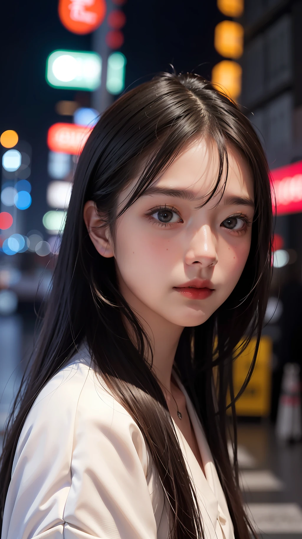 1girl, Tokyo street,night, cityscape,city lights, upper body,close-up, 8k, RAW photo, best quality, masterpiece,realistic, photo-realistic,