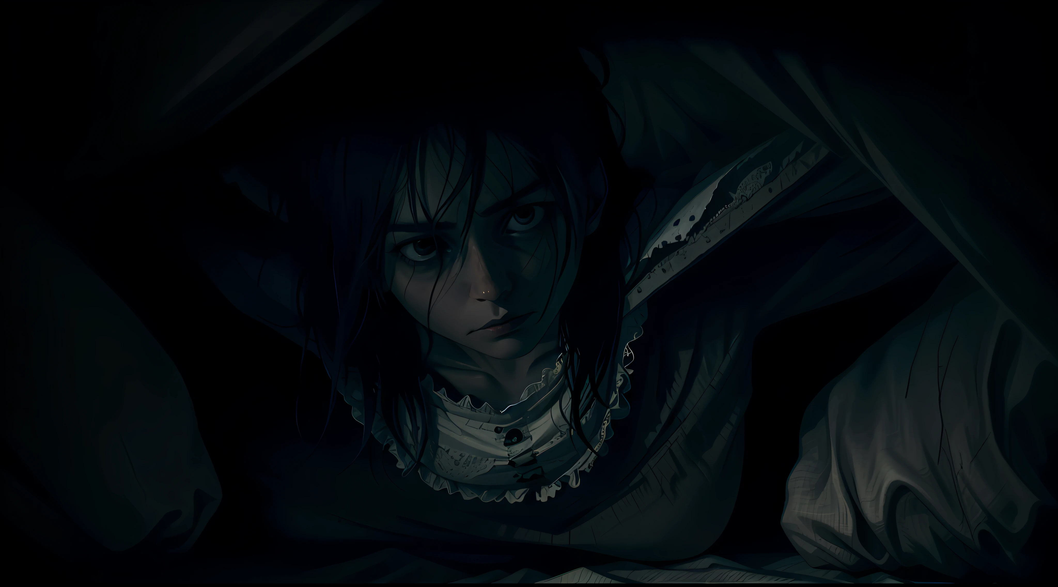 a woman in a bed, dark scene, dark mood, horror, darkness, terror