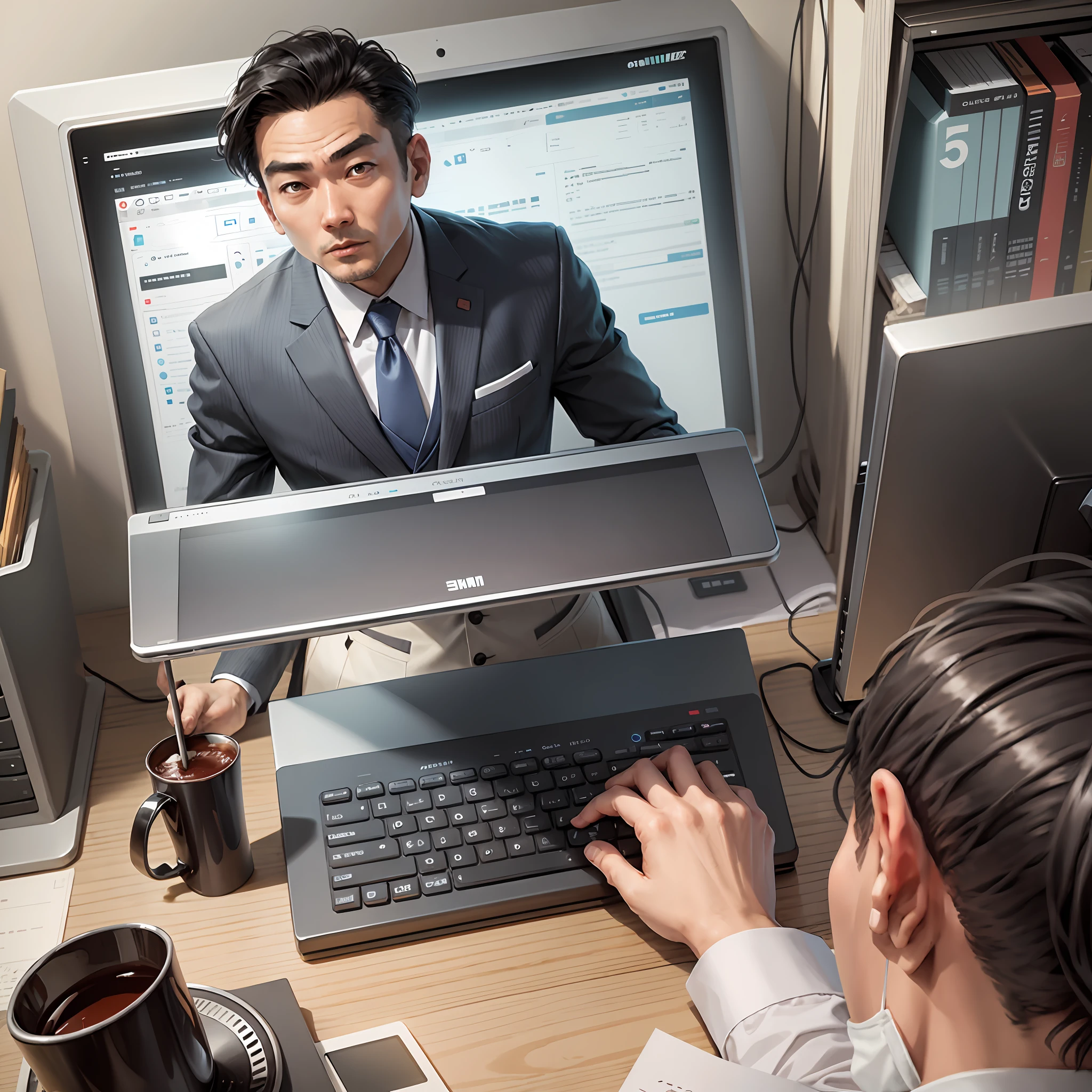 Salaryman man jumping out of computer, simple line --auto --s2
