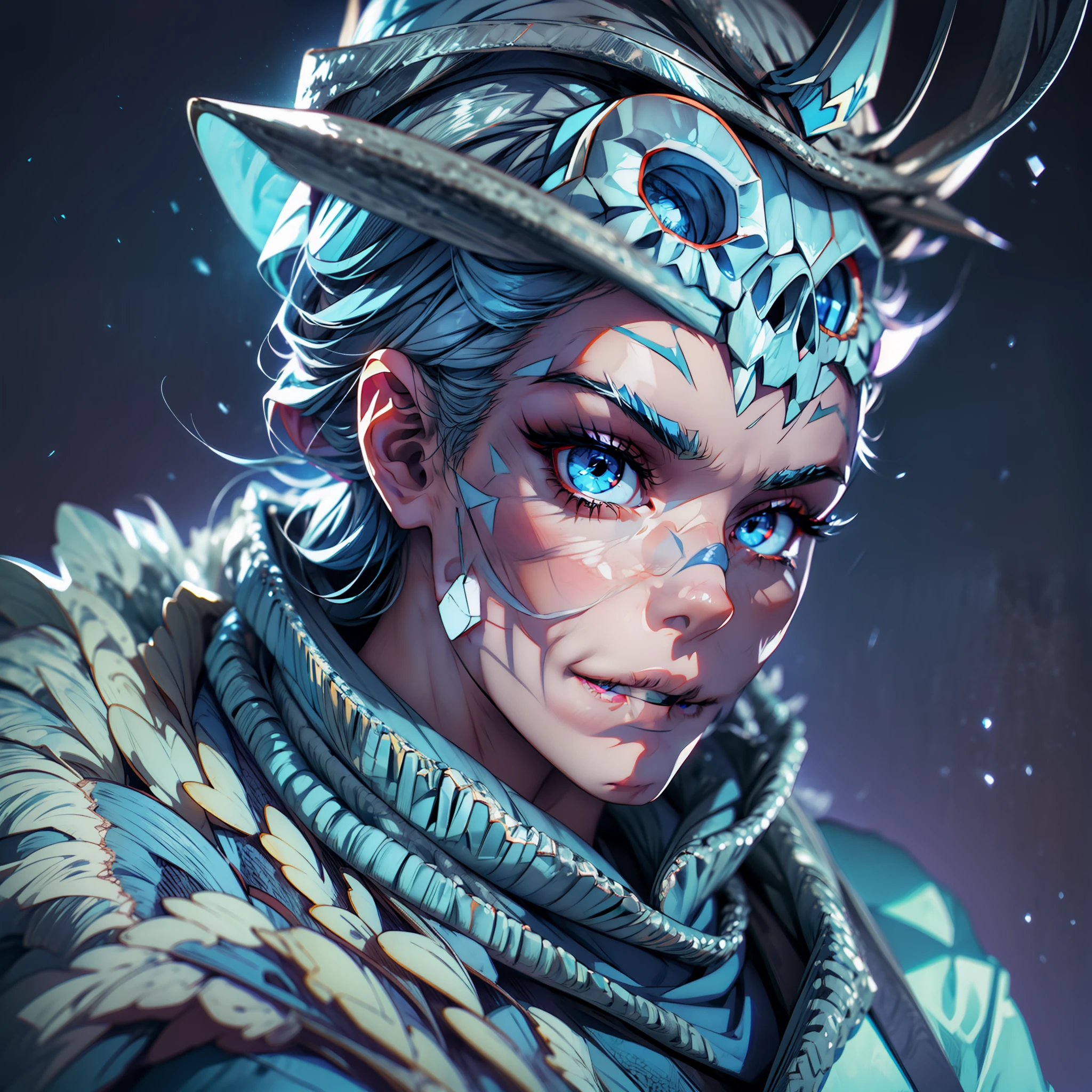 skeleton man, his (skull:1.2) is covered in icicles and frost, intricate carving, wearing a face mask, glowing eye sockets, wearing a frozen blue crown, (detailed background:1.3), backlighting, serious eyes, realism, masterpiece portrait, soft lighting, (large angle),masterpiece, best quality, intricate detail, absurdres,
