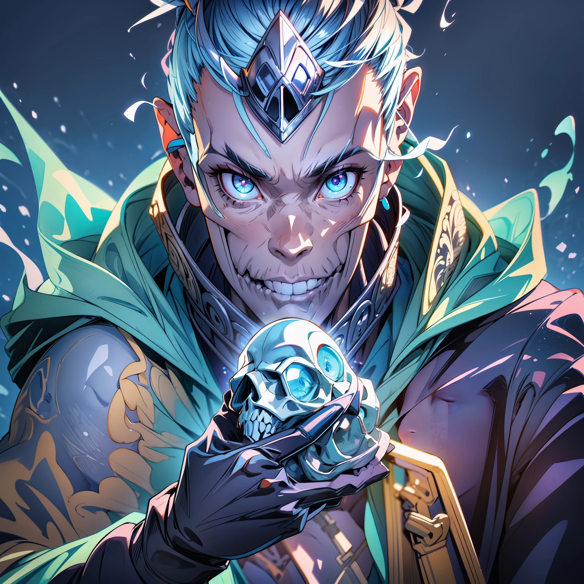 skeleton man, his (skull:1.2) is covered in icicles and frost, intricate carving, wearing a face mask, glowing eye sockets, wearing a frozen blue crown, (detailed background:1.3), backlighting, serious eyes, realism, masterpiece portrait, soft lighting, (large angle),masterpiece, best quality, intricate detail, absurdres,