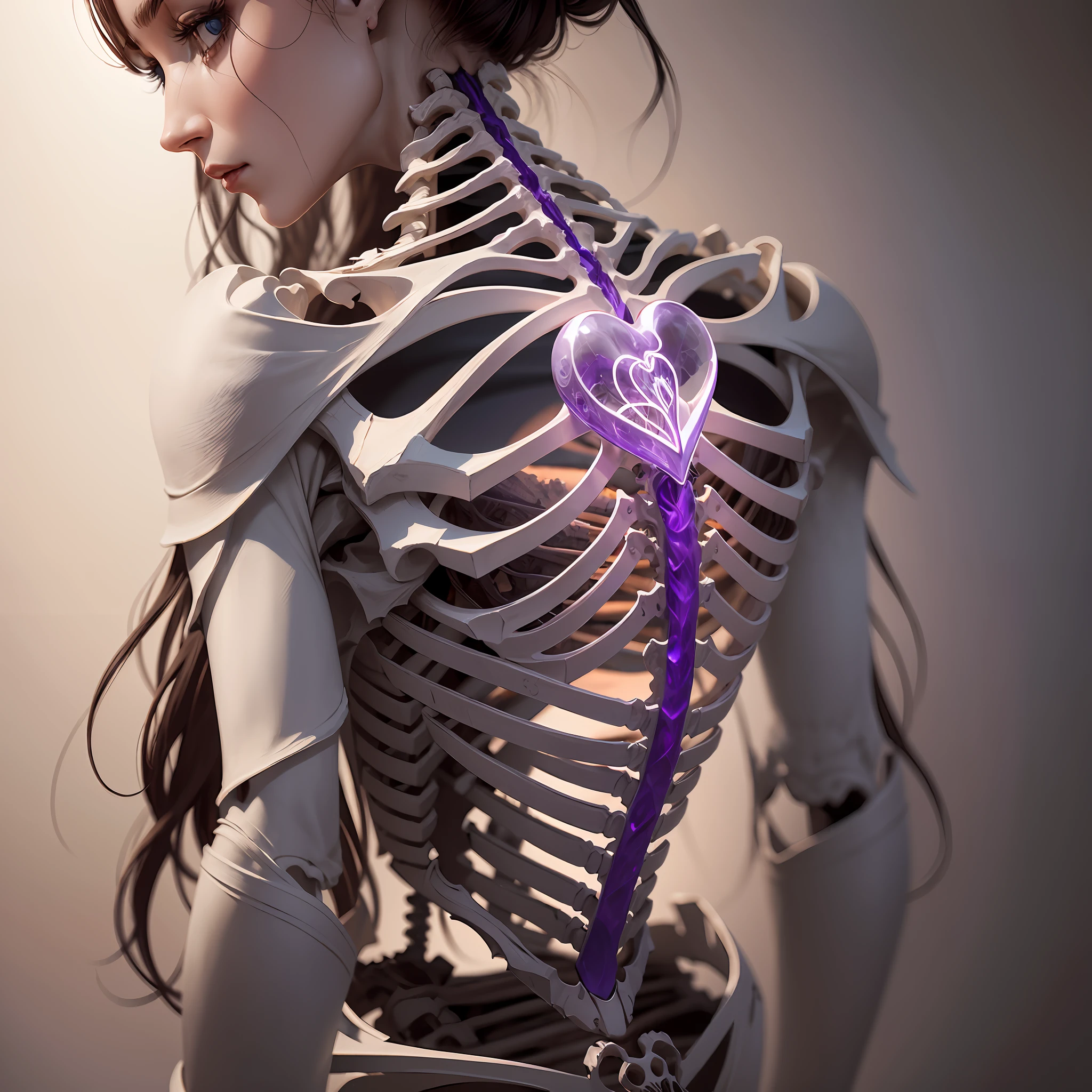 The design unfurls before your eyes, a starkly realistic human skeleton, each bone etched with meticulous detail, cradling a heart that pulses with lifelike color and other organs, each rendered with an artist's precision, nestled within the protective cage of ribs --auto --s2