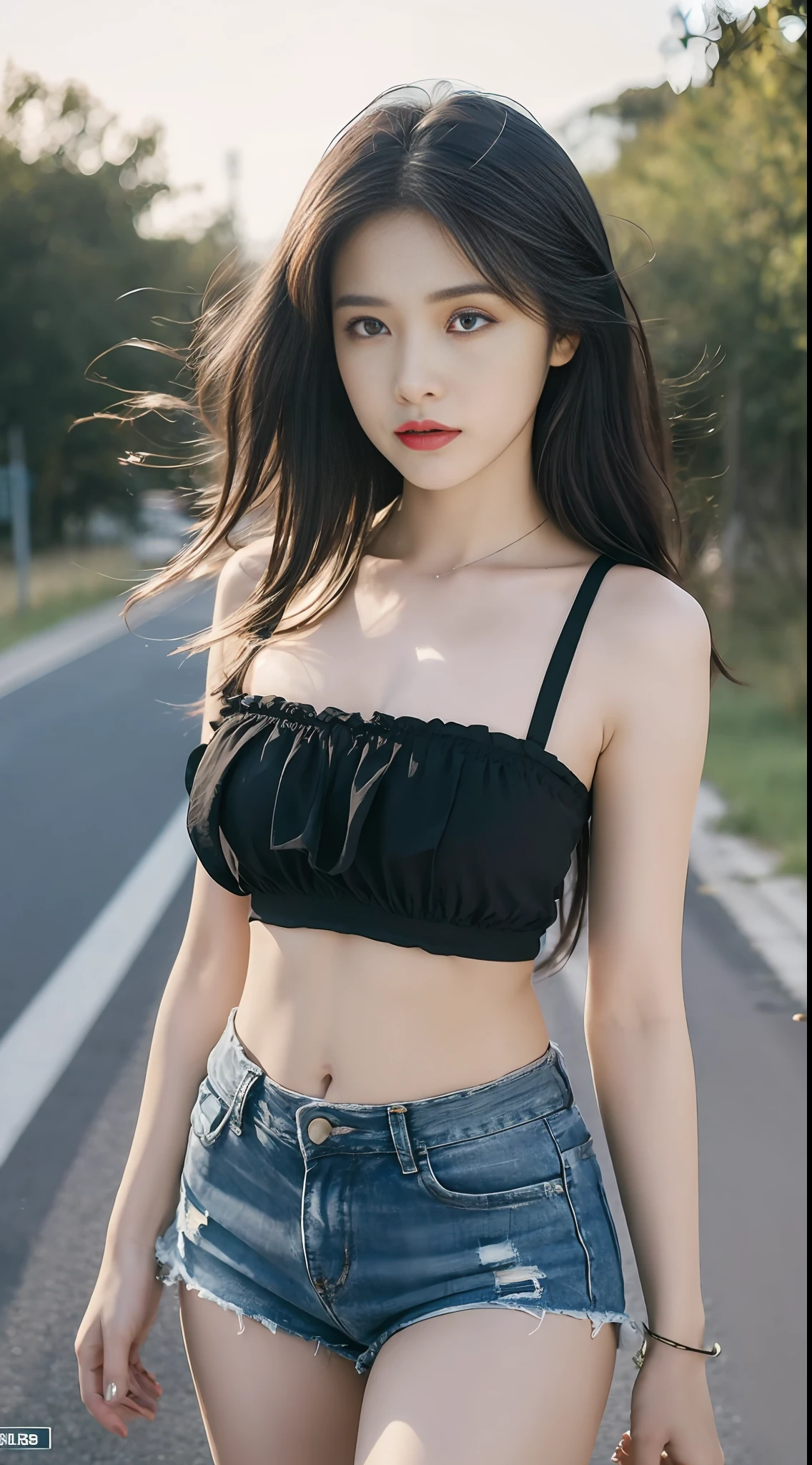 Ultra HD, masterpiece, highest resolution, highest detail, chiaroscuro, a young and beautiful woman, black hair, beautiful eyes, long eyelashes, sad expression, human eye perspective, wearing black bandeau, blue shorts, standing on the road