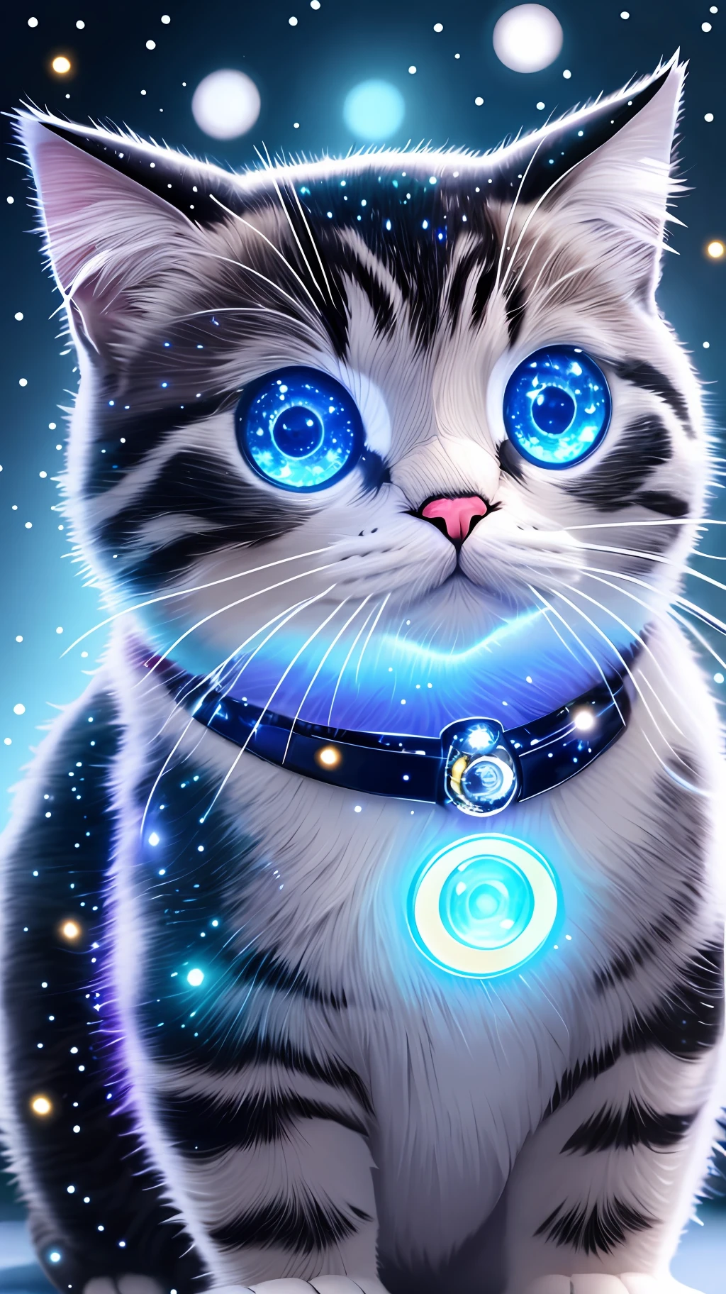 8k uhd, sharp focus, masterpiece, RAW photo, high quality, highres,
zoomed in image of adorable cute Chonky baby fat round big eyed bioluminescent robot cat's eyes with twinkling glowing christmas lights and stars reflected in its eyes, in blizzard, many strong glowing glittering lights reflected in robot cat's eyes