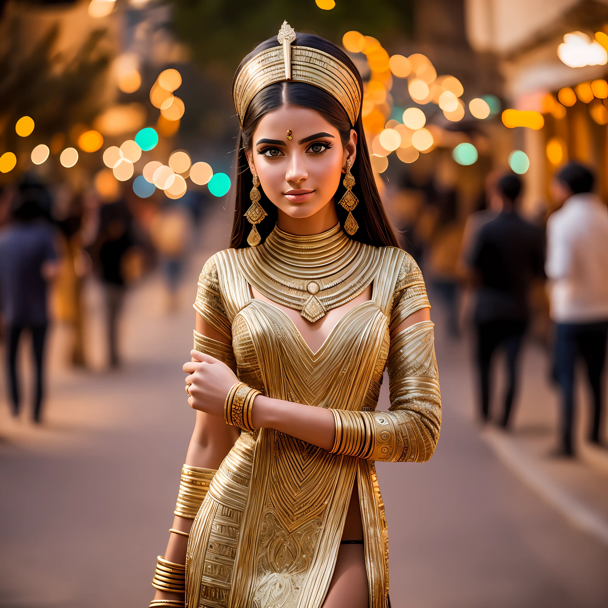 [full length portrait] [18-23 Years Old european female fashion model] [dressed like a ancient egypt style] [Happy expression on face] [Environment: night street][type of illumination: dramatic lighting], extremely realistic, 8k, insane details, intricate details, beautifully color graded,Color Grading, Editorial Photography, Photography, Bokeh, taken with a 60mm lens, ISO 300, f/4, 1/200th --ar 9:16 --auto --s2