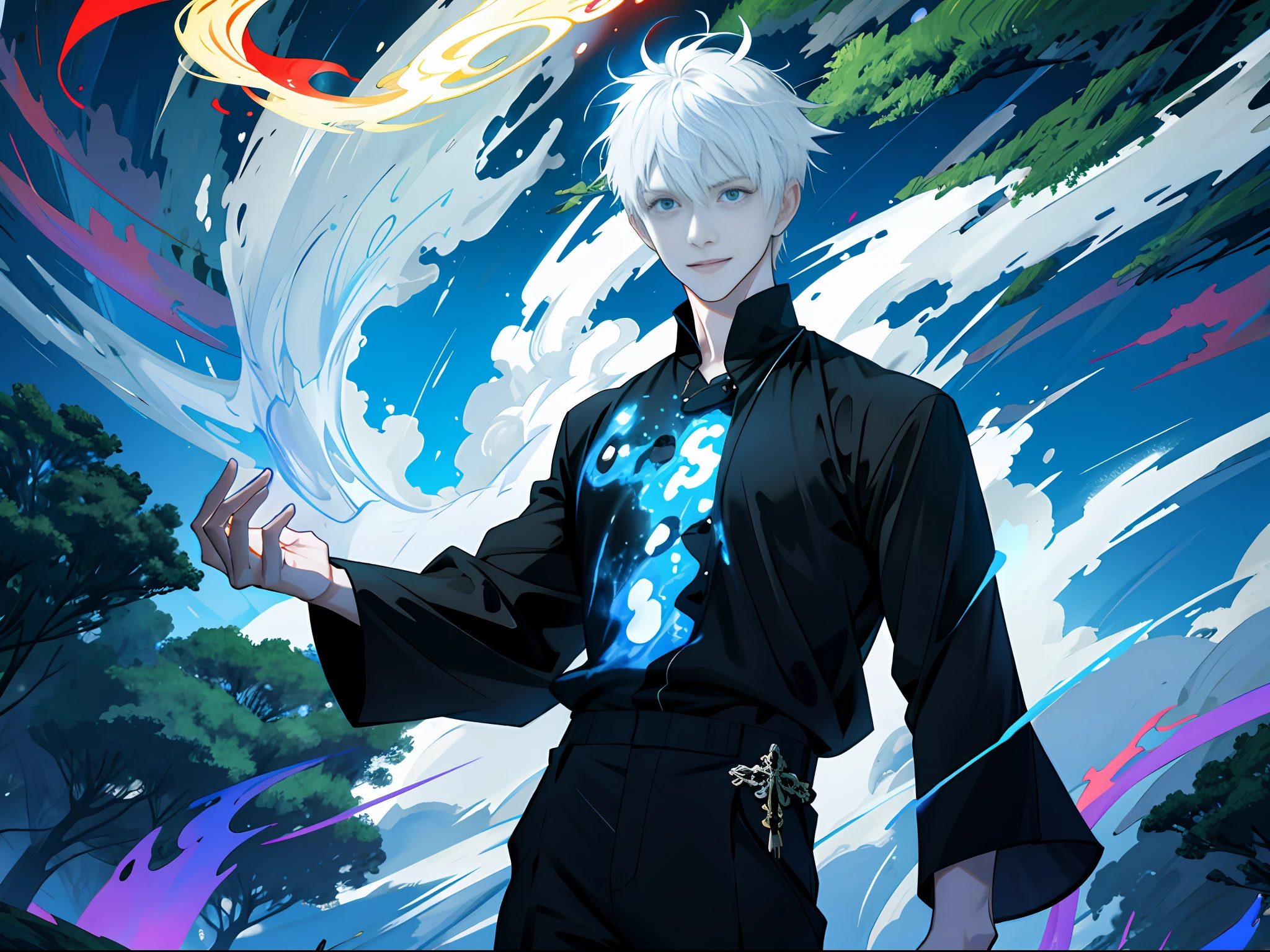 A man with short white hair, black shirt, standing on a forest path, spreading his hands while meditating, with a happy expression, the background is trees and the sky, but there are wormholes on the ground, surrounded by blue flames, golden and red lightning, high-speed movement, panoramic emergence, express dynamic and multi-angle light and shadow effects, generate 16K level detailed pictures.