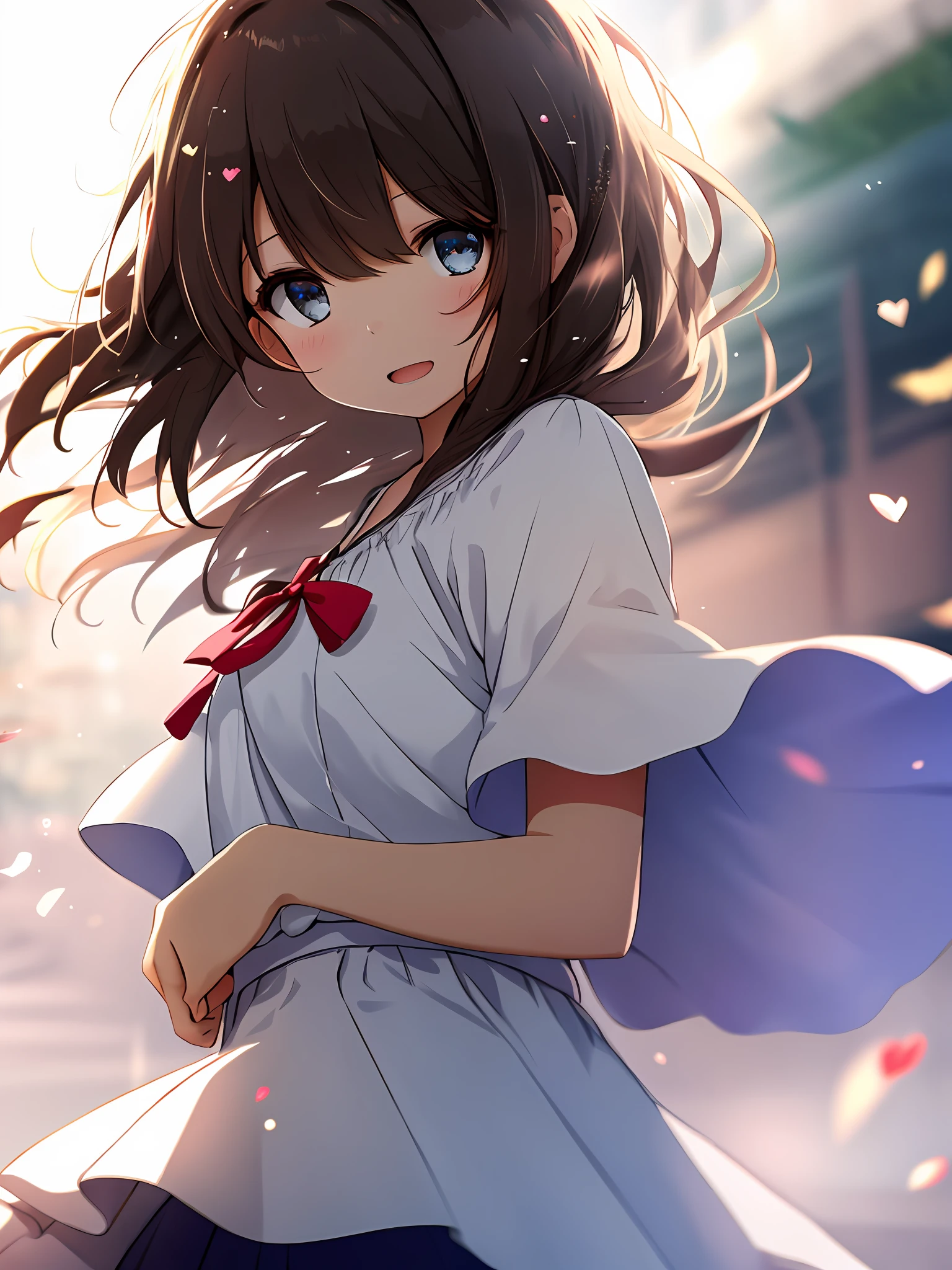 A girl, off-the-shoulder short sleeves white skirt, upper body, (eyes wide open: 1.2), bright light, background bokeh, depth of field, blurred background, light particles, strong wind, (heart particles: 1.1)