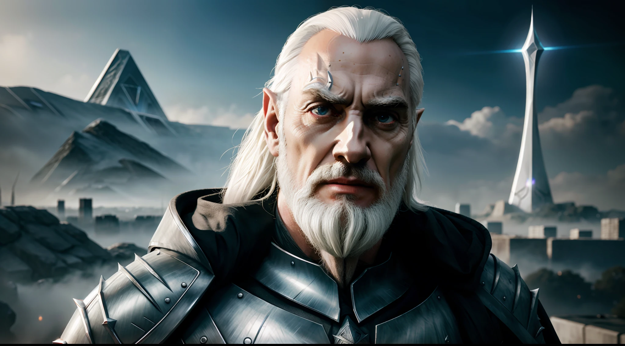 Saruman the white, with cybernetic enhancements, Lord of the Rings, J.R.R. Tolkien, cyberpunk city background, vibrant, photorealistic, realistic, hyper-realism, insanely detailed, dramatic, dark, sharp focus, 8k