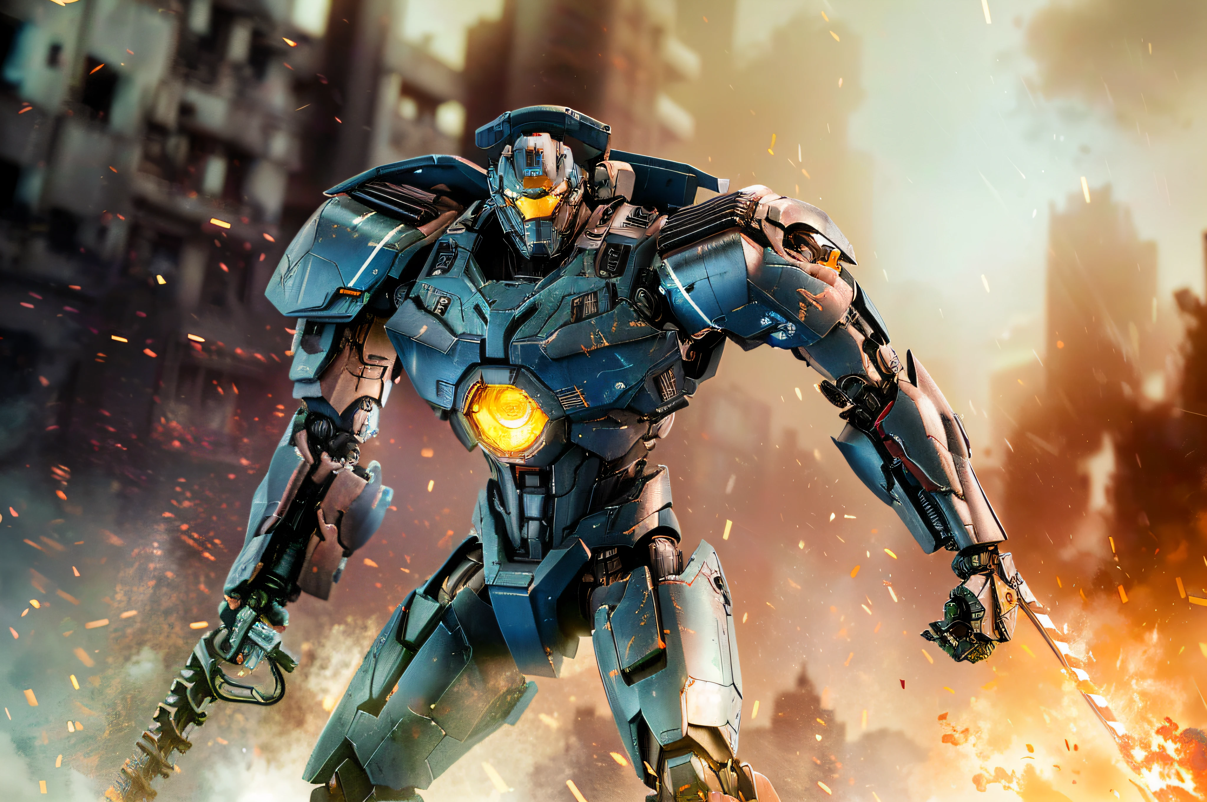 there is a robot that is standing in the air with a sword, pacific rim jaeger, broken ruin pacific rim jaeger, hd wallpaper, hq 4k wallpaper, toy photography, hot toys, cg art, from pacific rim, pacific-rim-mech in background, action figure mecha, hottoys, pacific rim, tremendous mecha robot, steampunk iron man