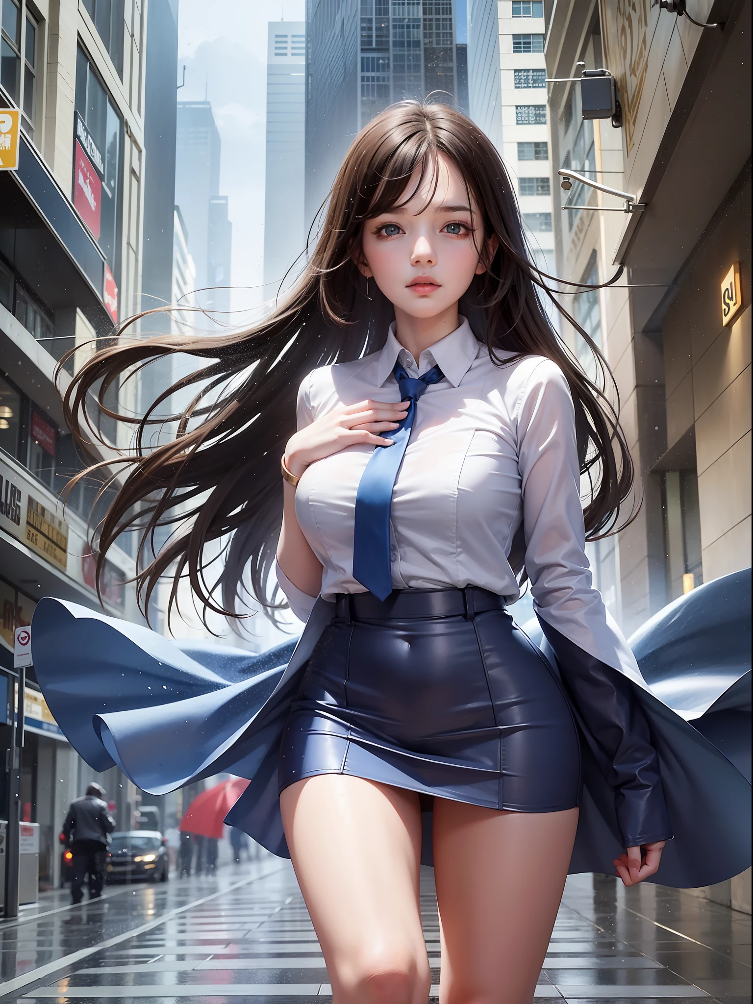 beautiful fingers,A beautiful girl with long, white legs runs through the busy streets of a city. The blue sky above her is clear, and the air is thick with the scent of rain. As she moves, her office attire, soaked from the wet weather, clings to her body, revealing her graceful form. Despite the rain, she moves with purpose and determination, her eyes fixed on her destination.
