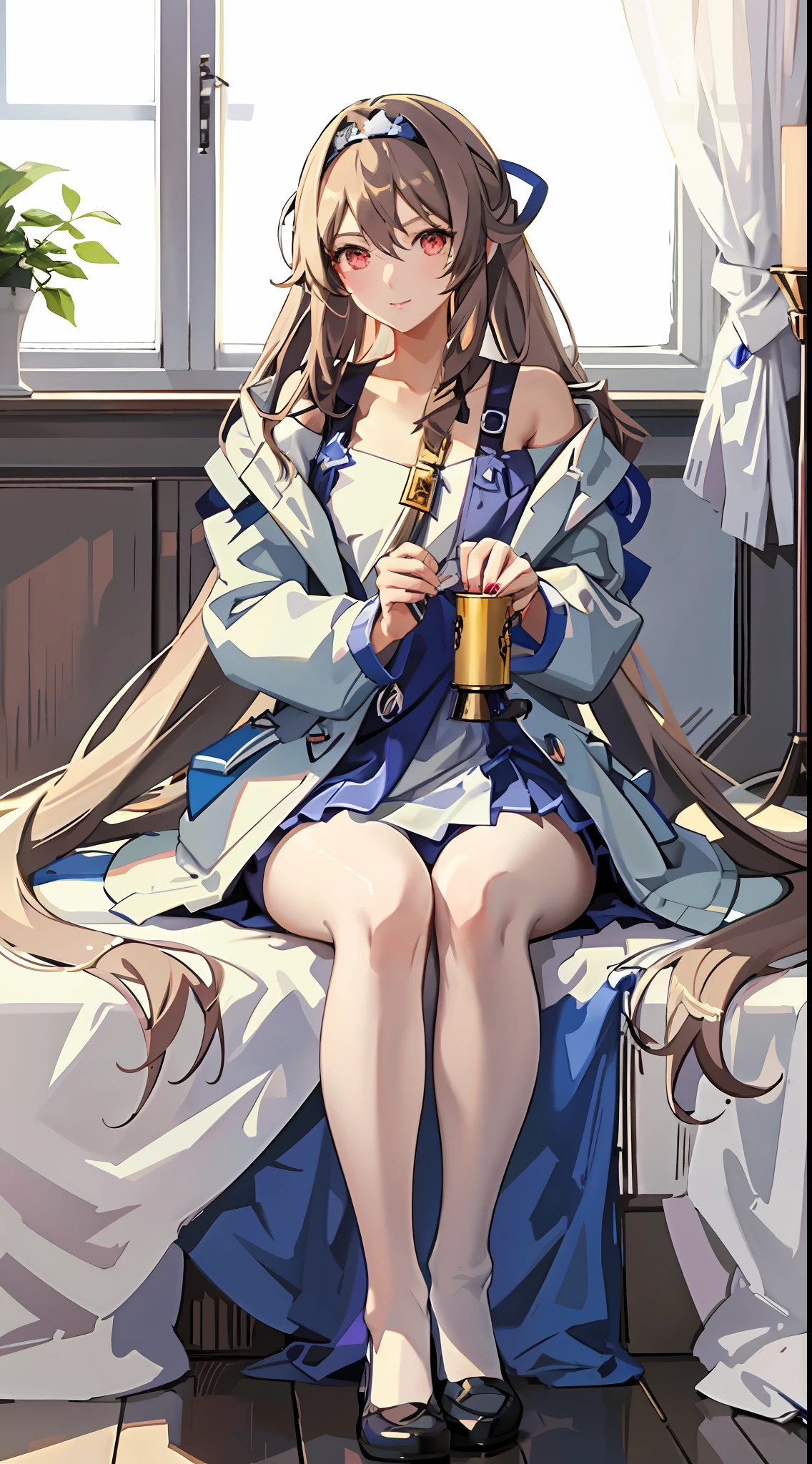 Anime - Style image of a woman in a white dress sitting on a bed, beautiful and seductive anime woman, white stockings, exquisite details. Girl Front, From Girl Front, Azure Lane Style, | Fine Details Anime, Loli in a Dress, Smooth Anime CG Art, Anime Goddess, 16k, Highres, Masterpiece