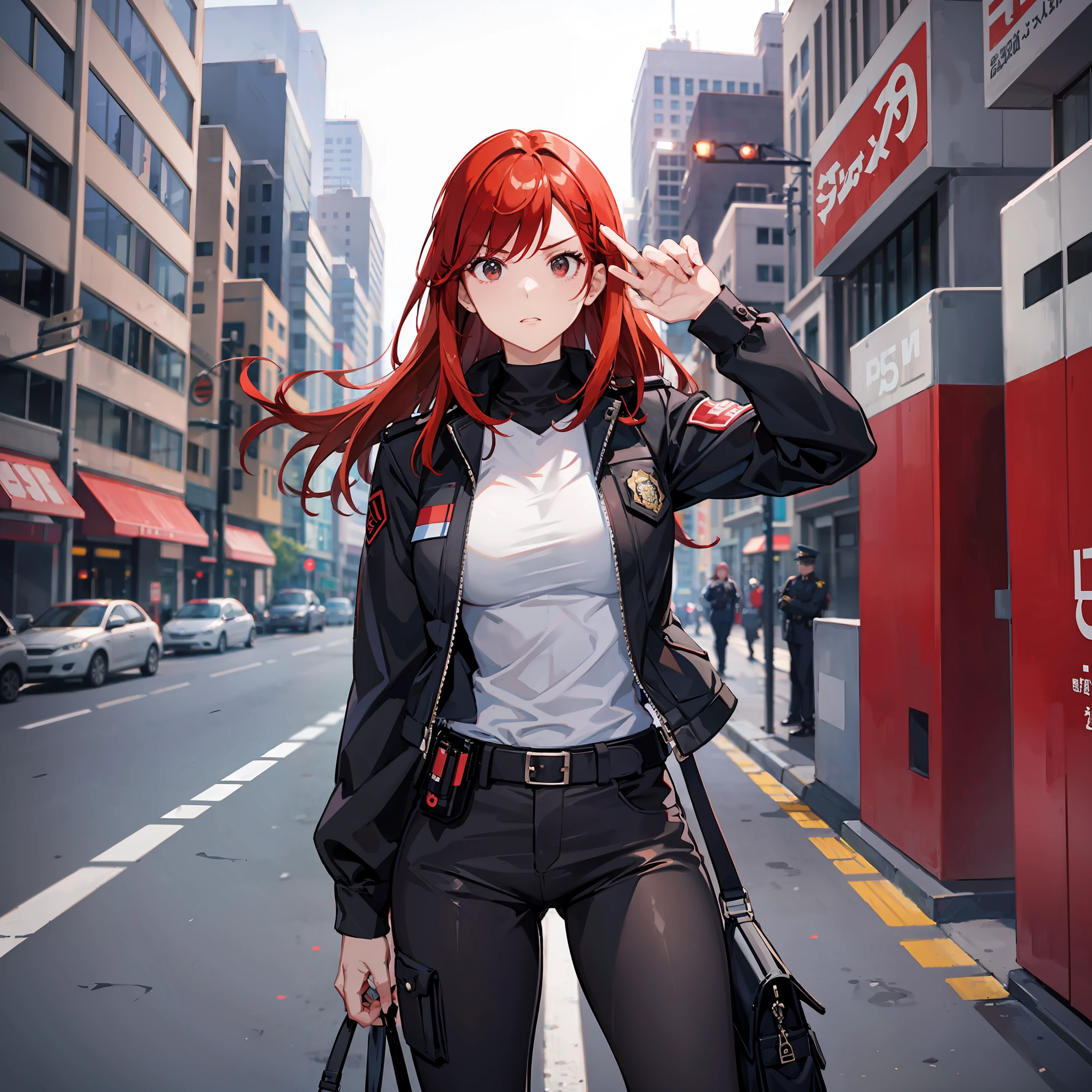 Police clothes, woman, red hair, black eyes, dynamic pose, serious, in the city