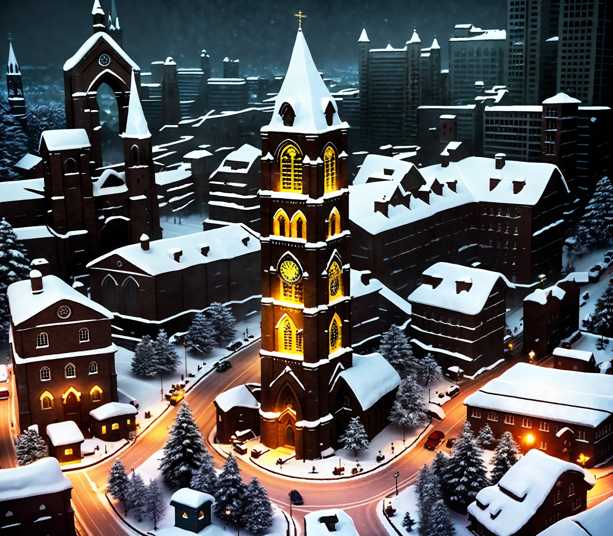 Night view of heavy snowfall in a city with a church and clock tower, photo isometric cathedral, night rendering, soft film tone mapping, highly rendered, lighting from above, tone mapping, realistic rendering, realistic city photography, surreal, rendered, breathtaking rendering, cathedral!!!!!, cathedral