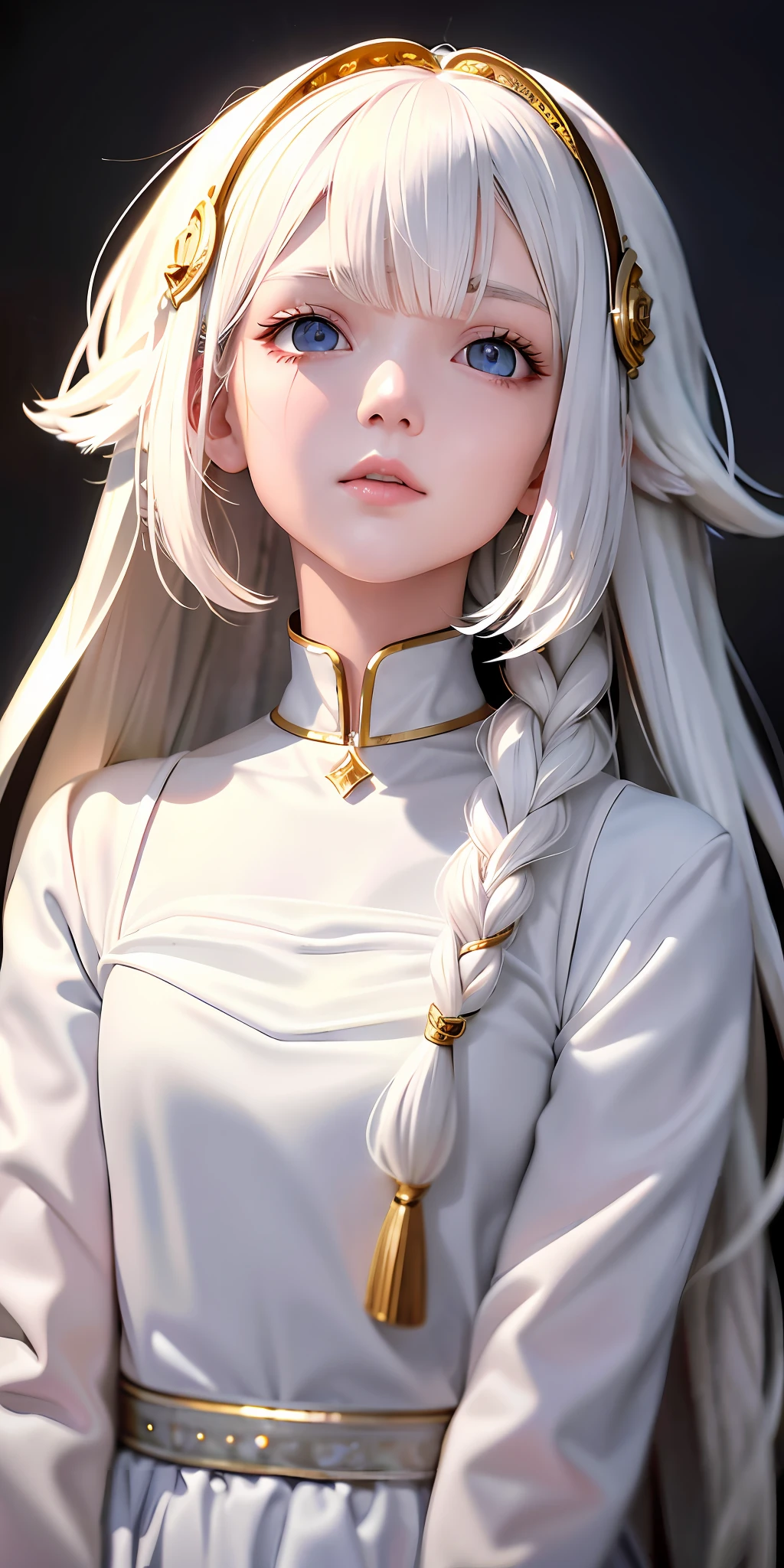 best quality, masterpiece,white hair, gold eyes,white clothes, looking up, upper body,hair strand,Fair skin,side braids