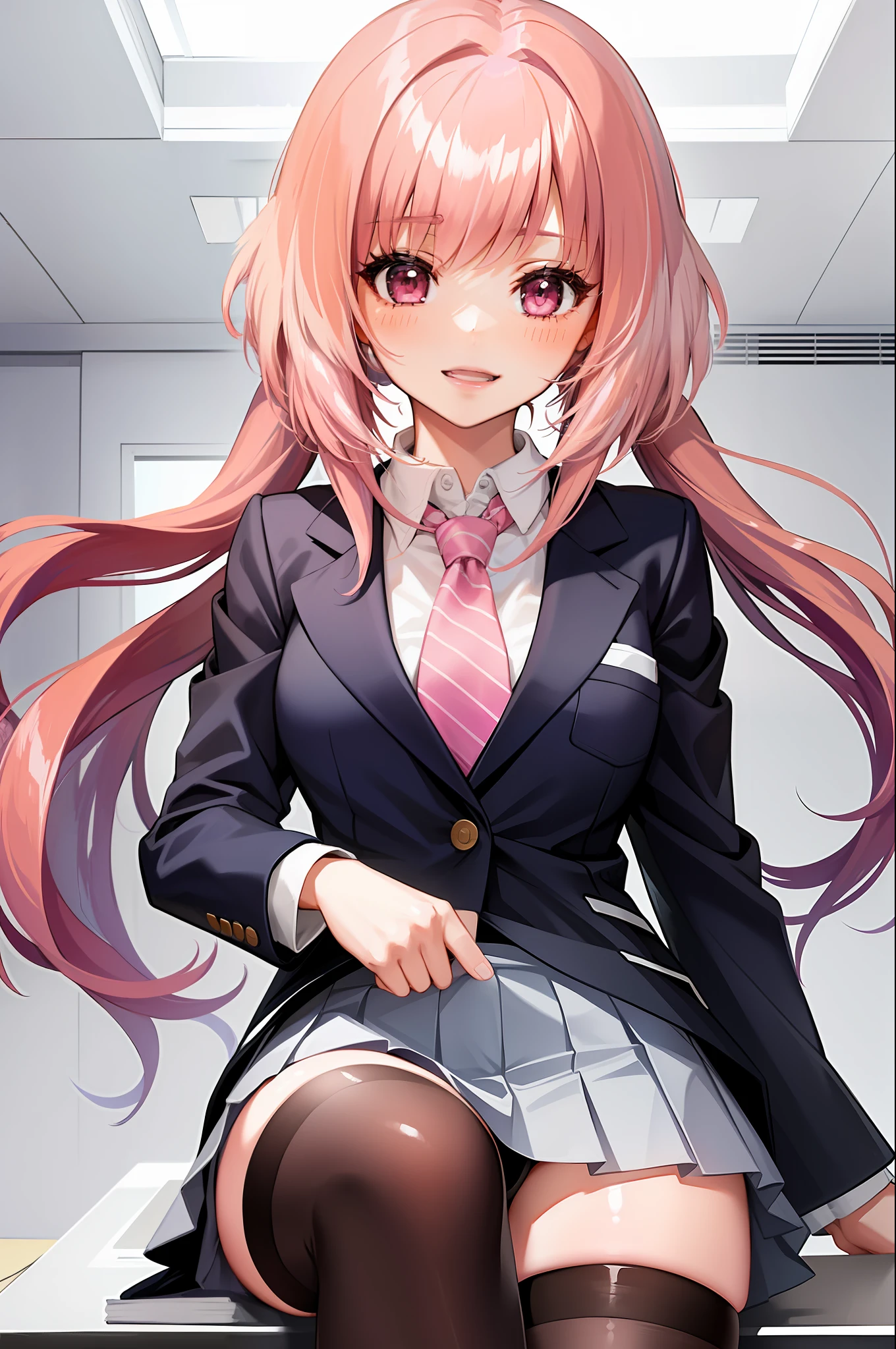 1 girl, Selene, Skirt, school_uniform, Tie, Twin tails, Long hair, Jacket, Blazer, Indoors, School, Pink hair, Gradient hair,Panties from back from front,Sit-in,