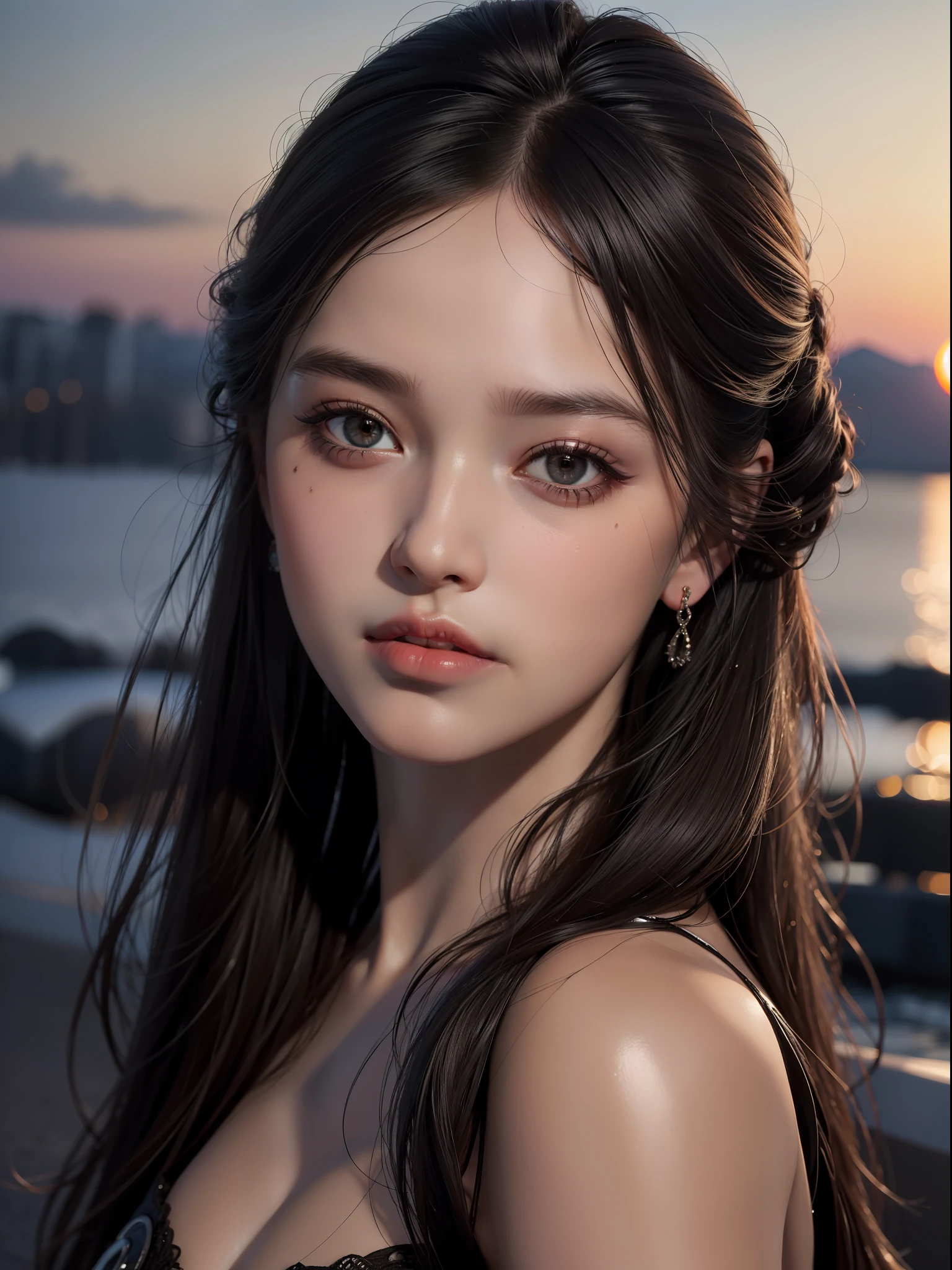 Best quality, masterpiece, ultra high res, (photorealistic:1.4), 1girl, offshoulder, deep shadow, detailed face, detailed eyes, shiny skin, sunset