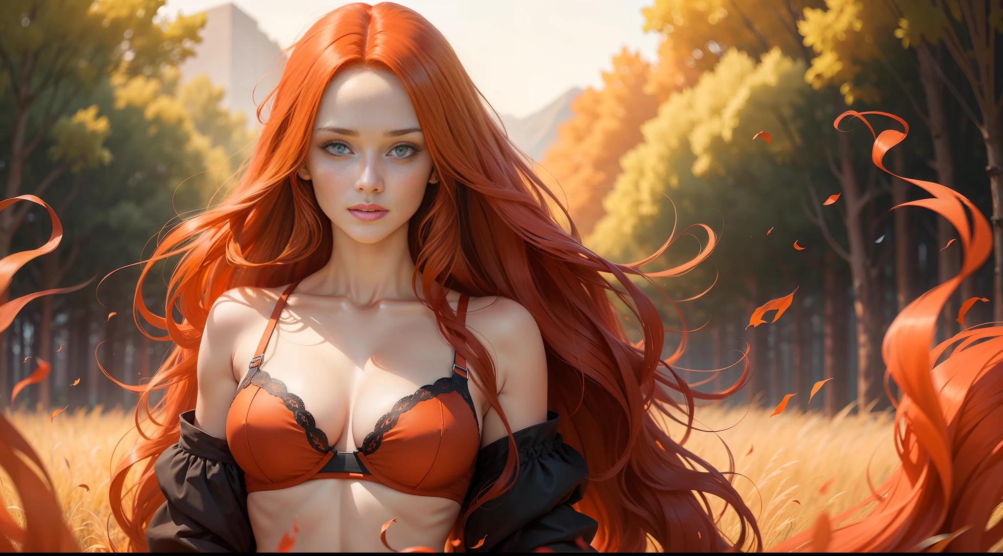 a woman with red hair and a blue bra top posing in a field, long red-haired waist, Goddess of red hair, long fire hair, beautiful long fire hair, orange skin and long burning hair, with long red hair, long shiny red hair, long red hair, long red hair, red long hair, red girl, red head, she has long hair and redorange,  Beautiful redhead woman